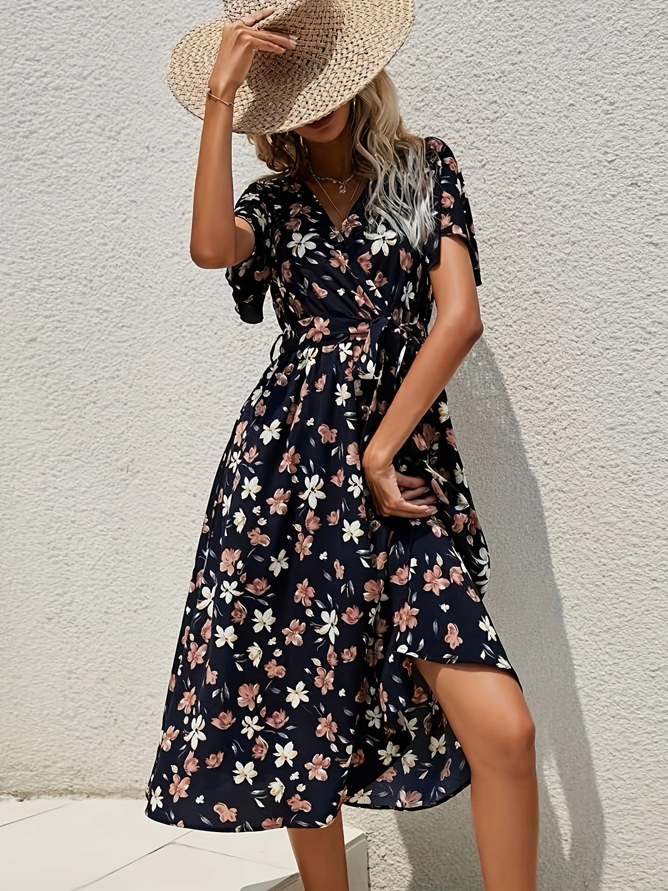 gbolsos Floral Print V Neck Dress, Boho Short Sleeve Midi Dress, Women's Clothing