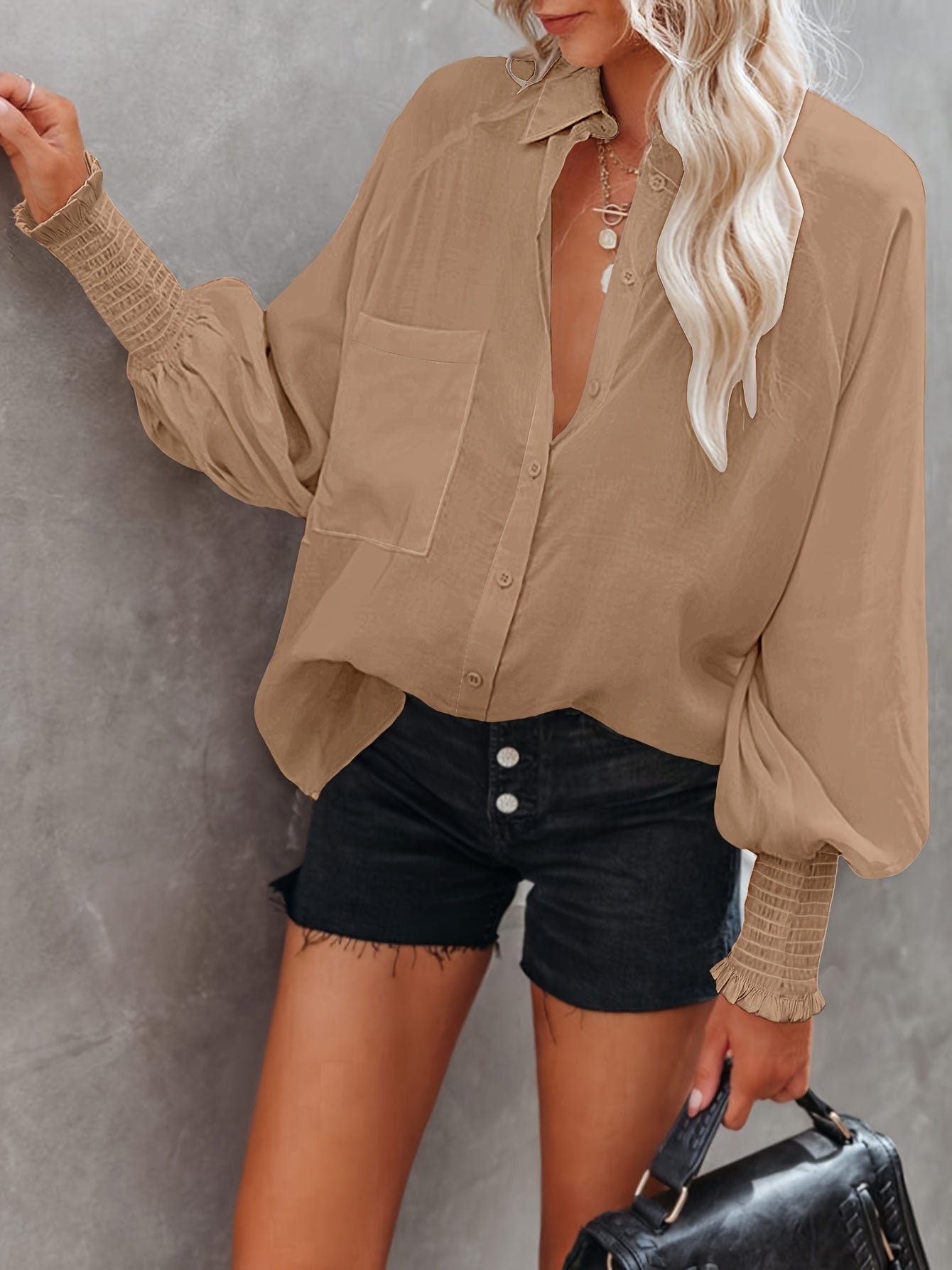 Button Front Pocket Shirred Shirt, Casual Lantern Sleeve Shirt For Spring & Fall, Women's Clothing
