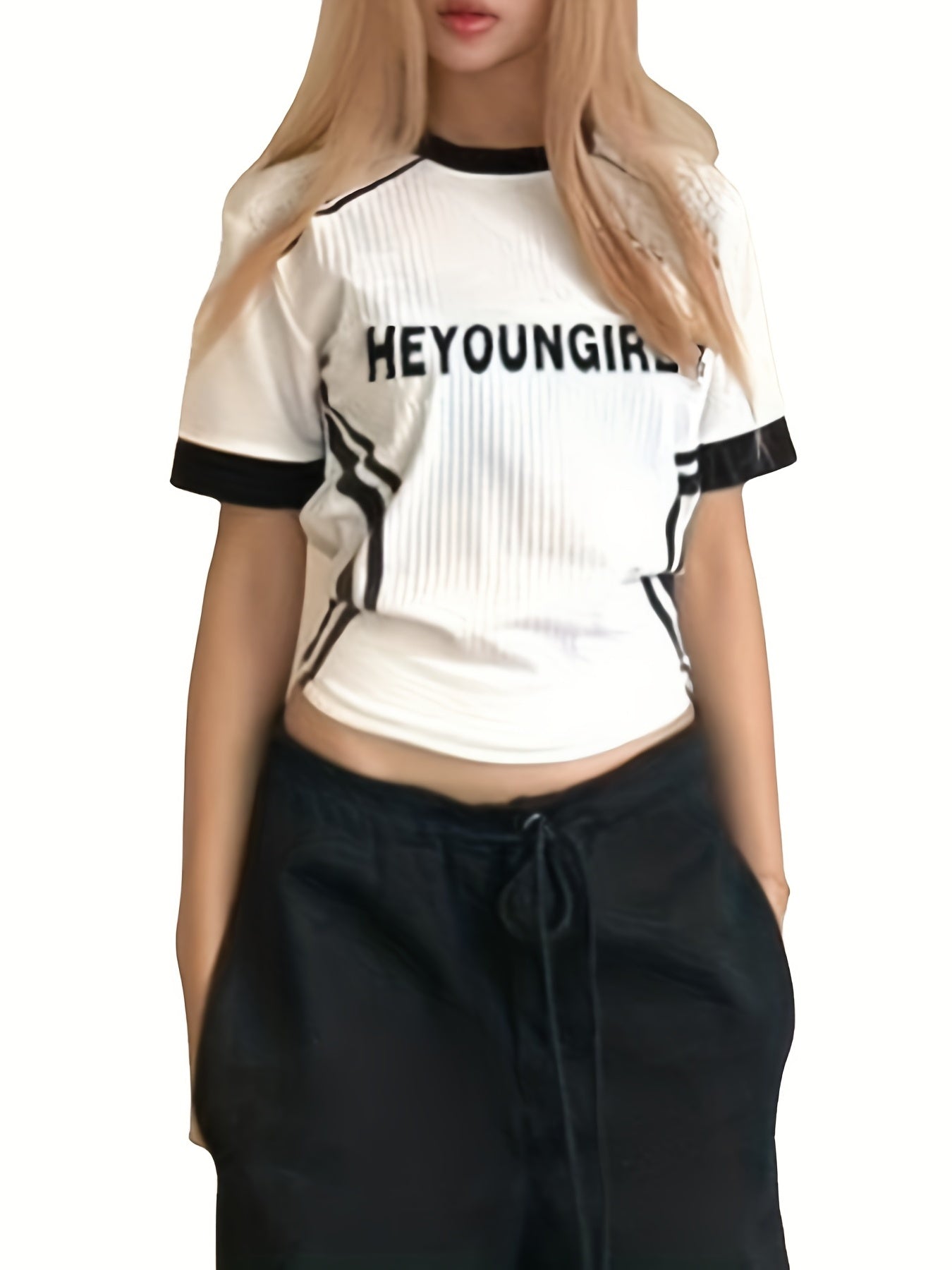 gbolsos Street Letter Printing Casual T-shirt, Fashion Contrast Color Striped Short Sleeves, Women's Summer Tops