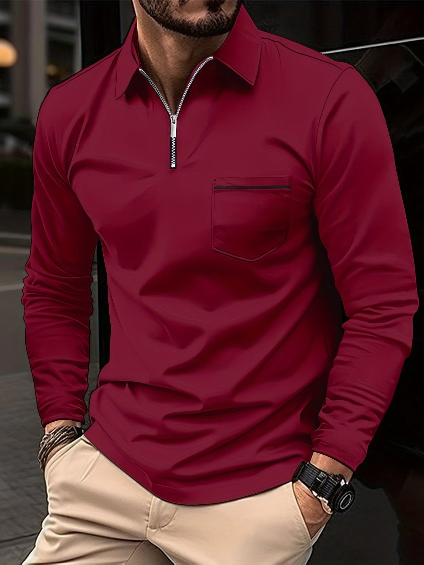 gbolsos Casual Solid Men's Long Sleeve Zipper Polo Shirt With Chest Pocket, Spring Fall Outdoor