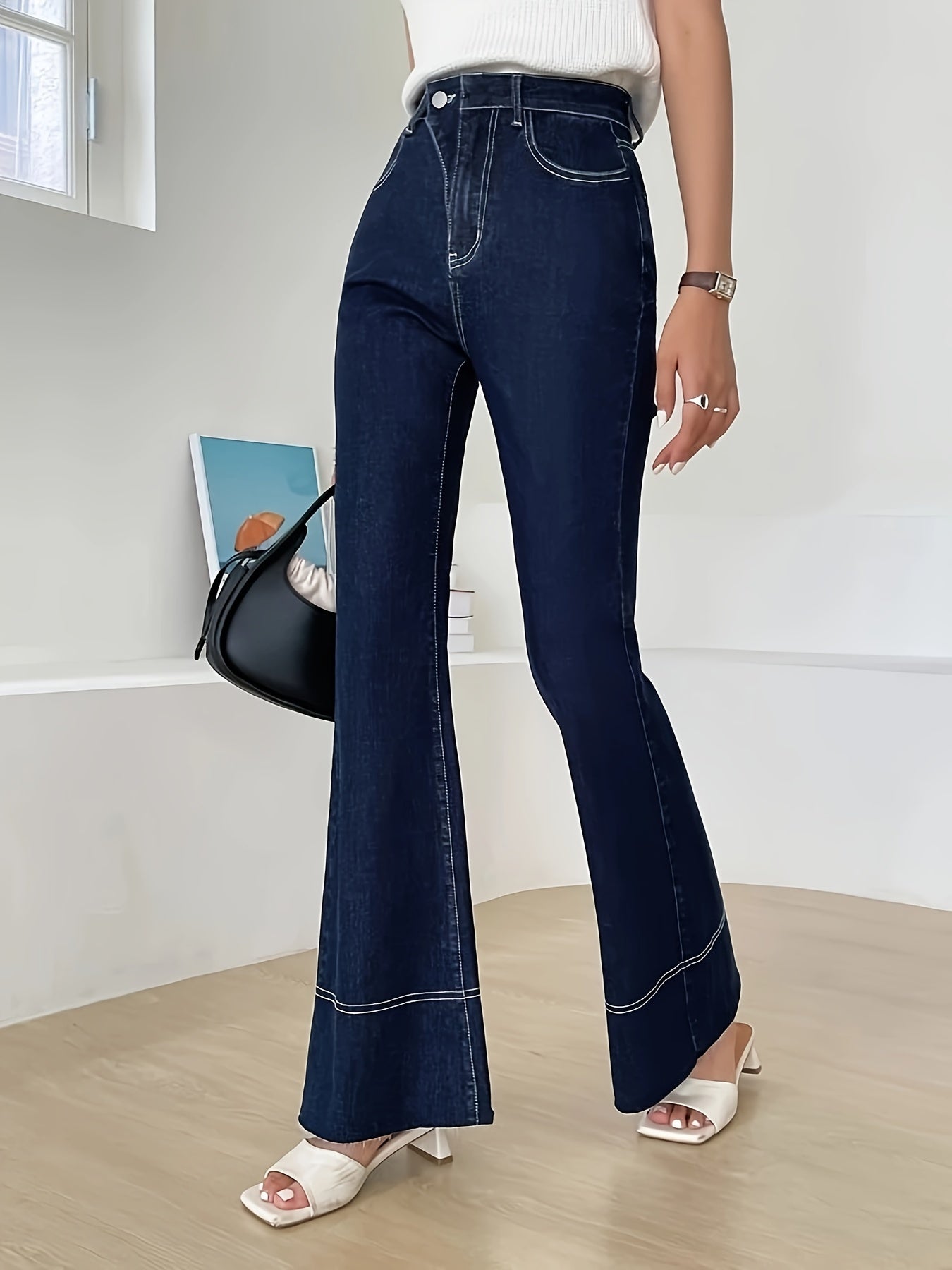 Contrast Seam Stitching Asymmetric Button Waist Detail Flare Leg Jeans, Plain Dark Blue Medium Stretch Unique Denim Pants, Women's Denim Jeans & Clothing