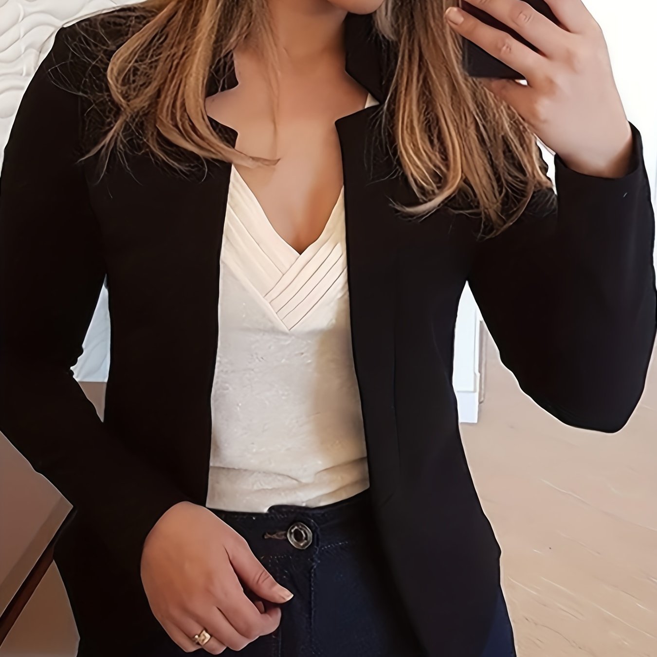 gbolsos Solid Split Open Front Blazer, Elegant Long Sleeve Blazer, Elegant & Stylish Tops For Office & Work, Women's Clothing