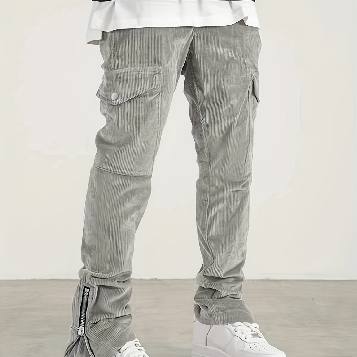 gbolsos Trendy Zipper Slit Bottom Cargo Pants, Men's Solid Multi Flap Pocket Trousers, Casual Outdoor Pants, Men's Work Pants Outdoors Streetwear Hiphop Style