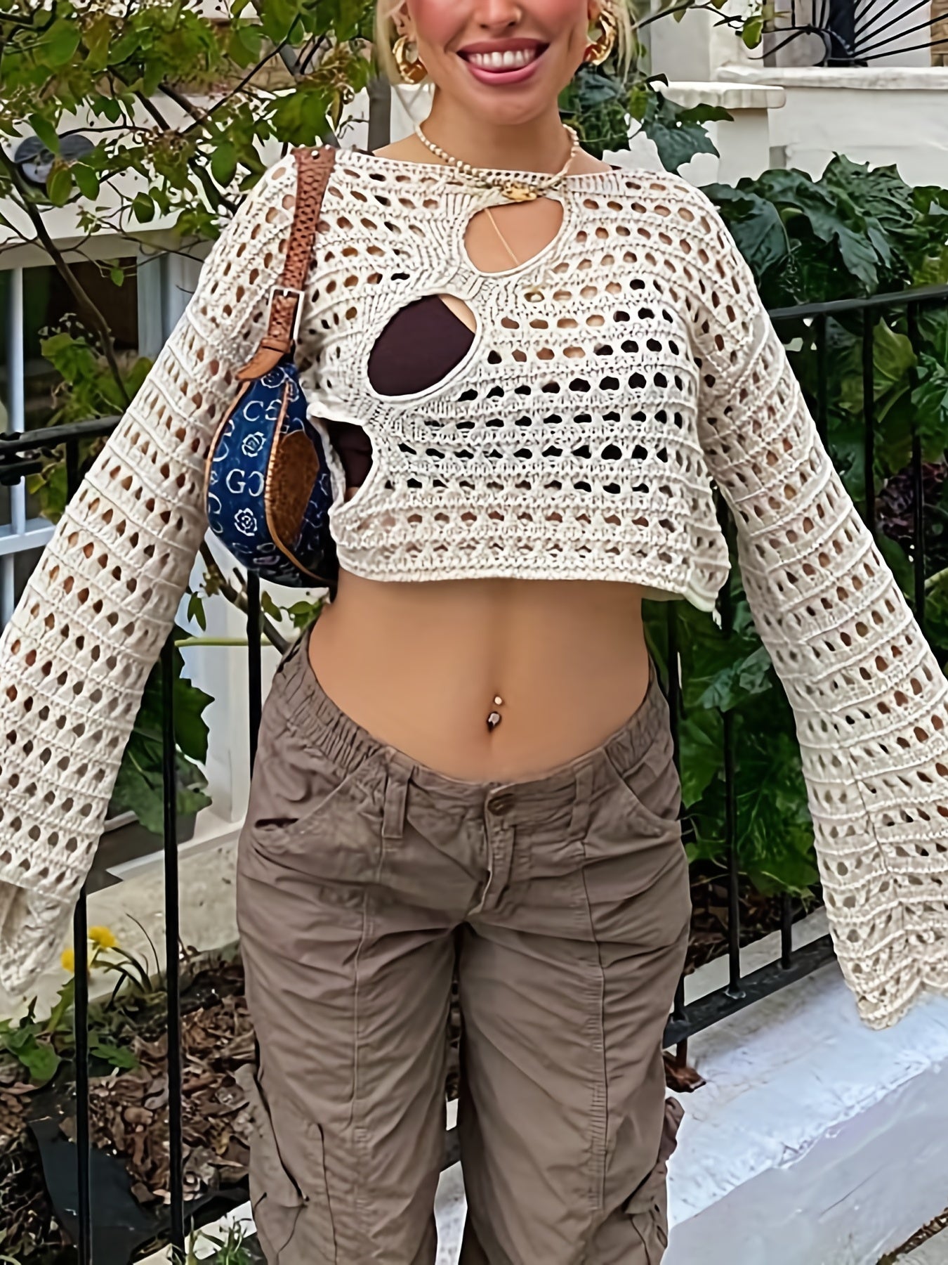 gbolsos Y2K Crochet Crop Top, Long Sleeve Solid Casual Top, Women's Clothing