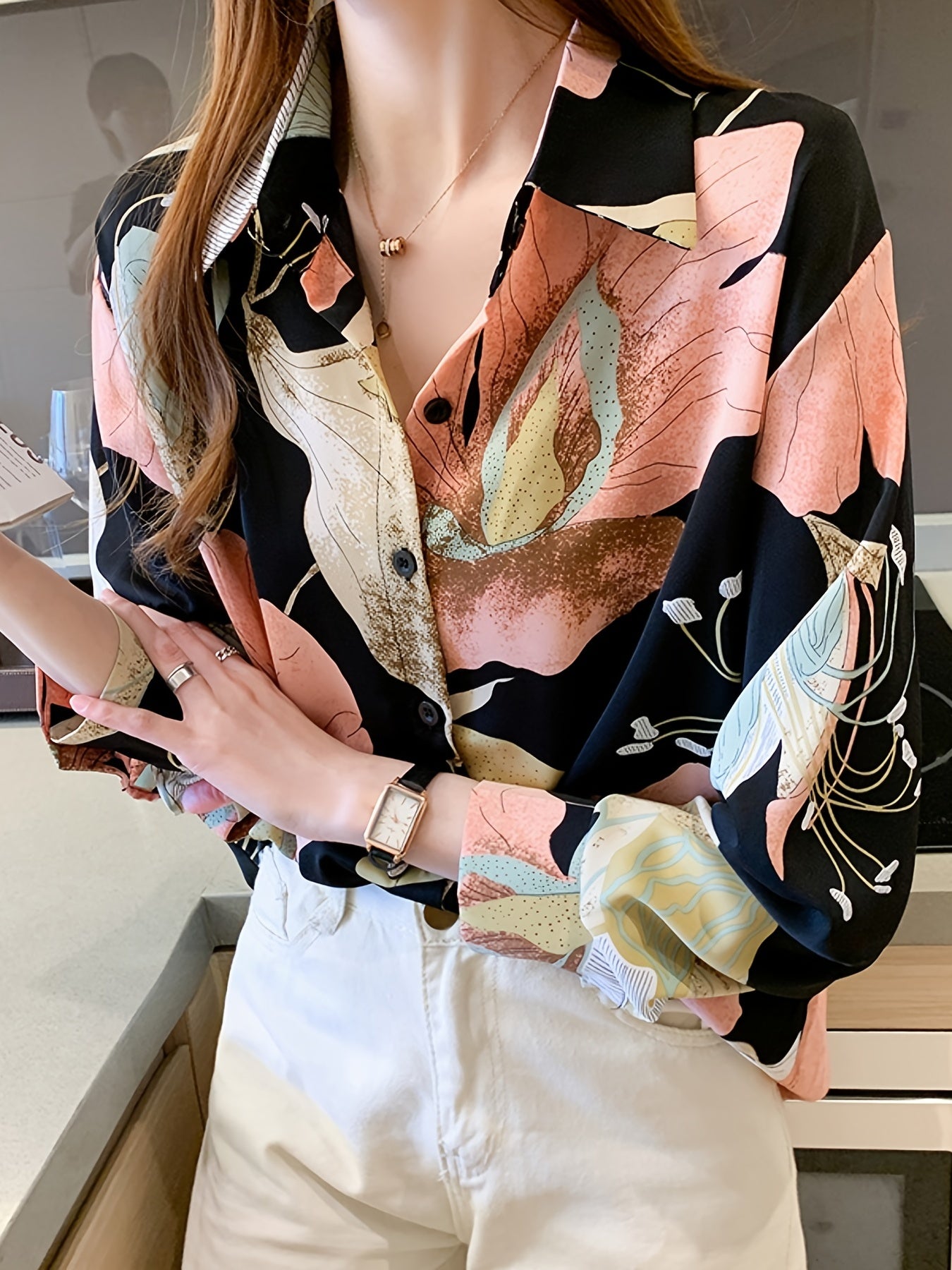gbolsos Print V-neck Loose Lapel Blouses, Casual Button Down Long Sleeve Fashion Shirts Tops, Women's Clothing