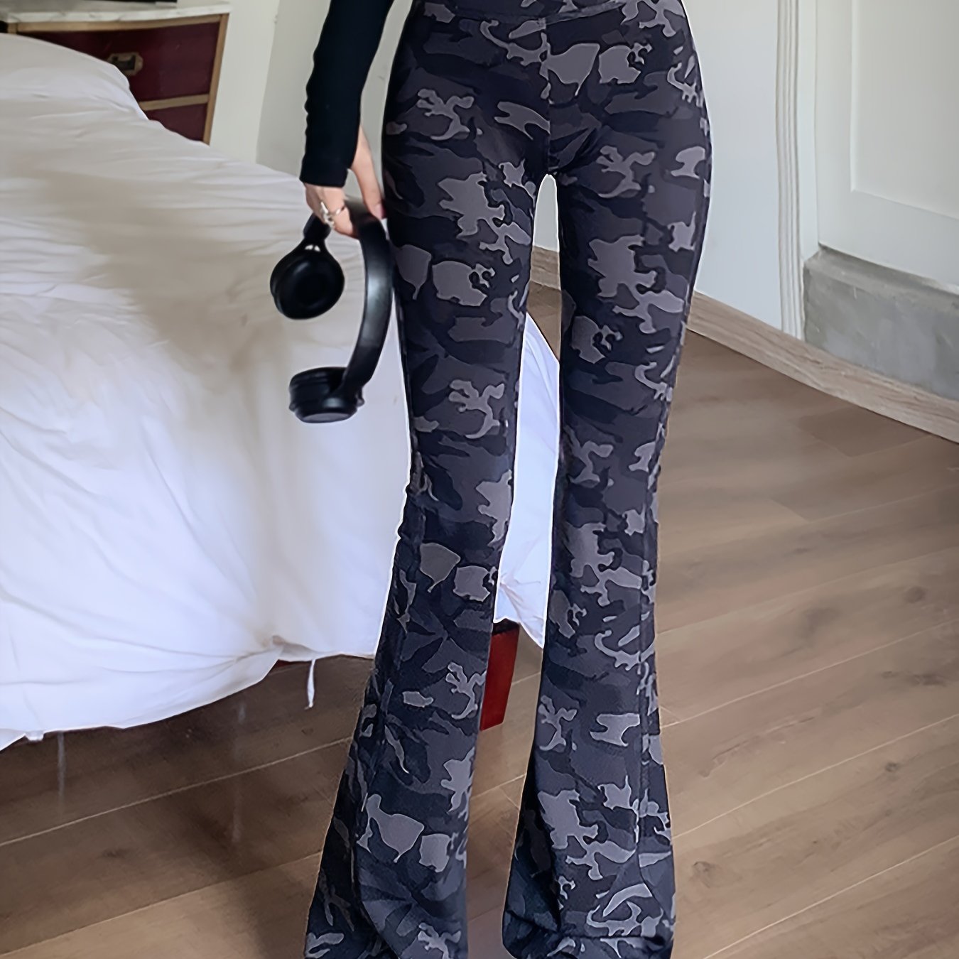 gbolsos Camo Print High Waist Pants, Casual Slim Pants For Spring & Summer, Women's Clothing