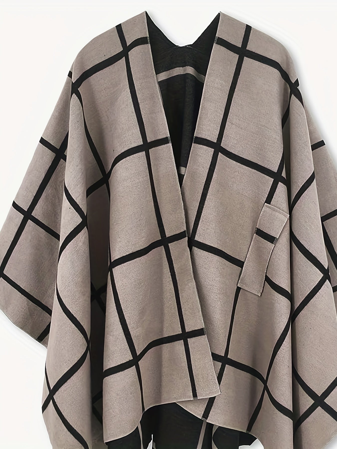 Plus Size Elegant Coat, Women's Plus Grid Print Batwing Sleeve Open Front Shawl Cape Coat
