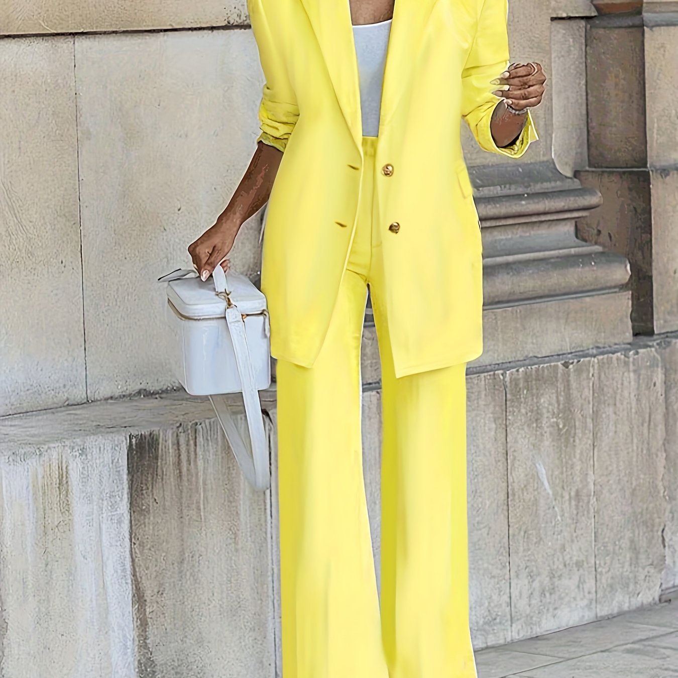 gbolsos Solid Casual Two-piece Set, Single Breasted Long Sleeve Blazer & Wide Leg Pants Outfits, Women's Clothing