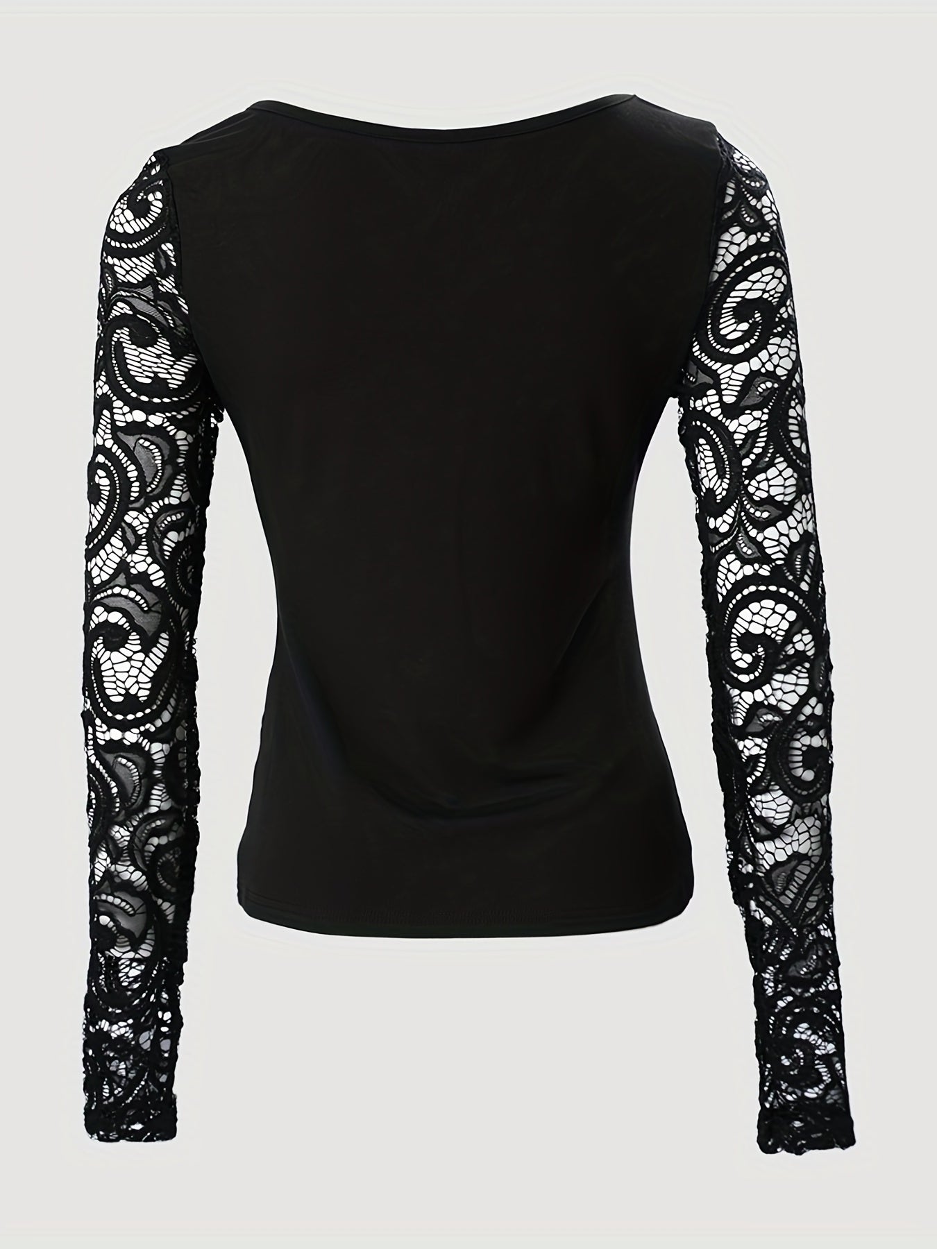 gbolsos Lace V-neck Slim T-Shirt, Sexy Long Sleeve T-Shirt For Spring & Summer, Women's Clothing
