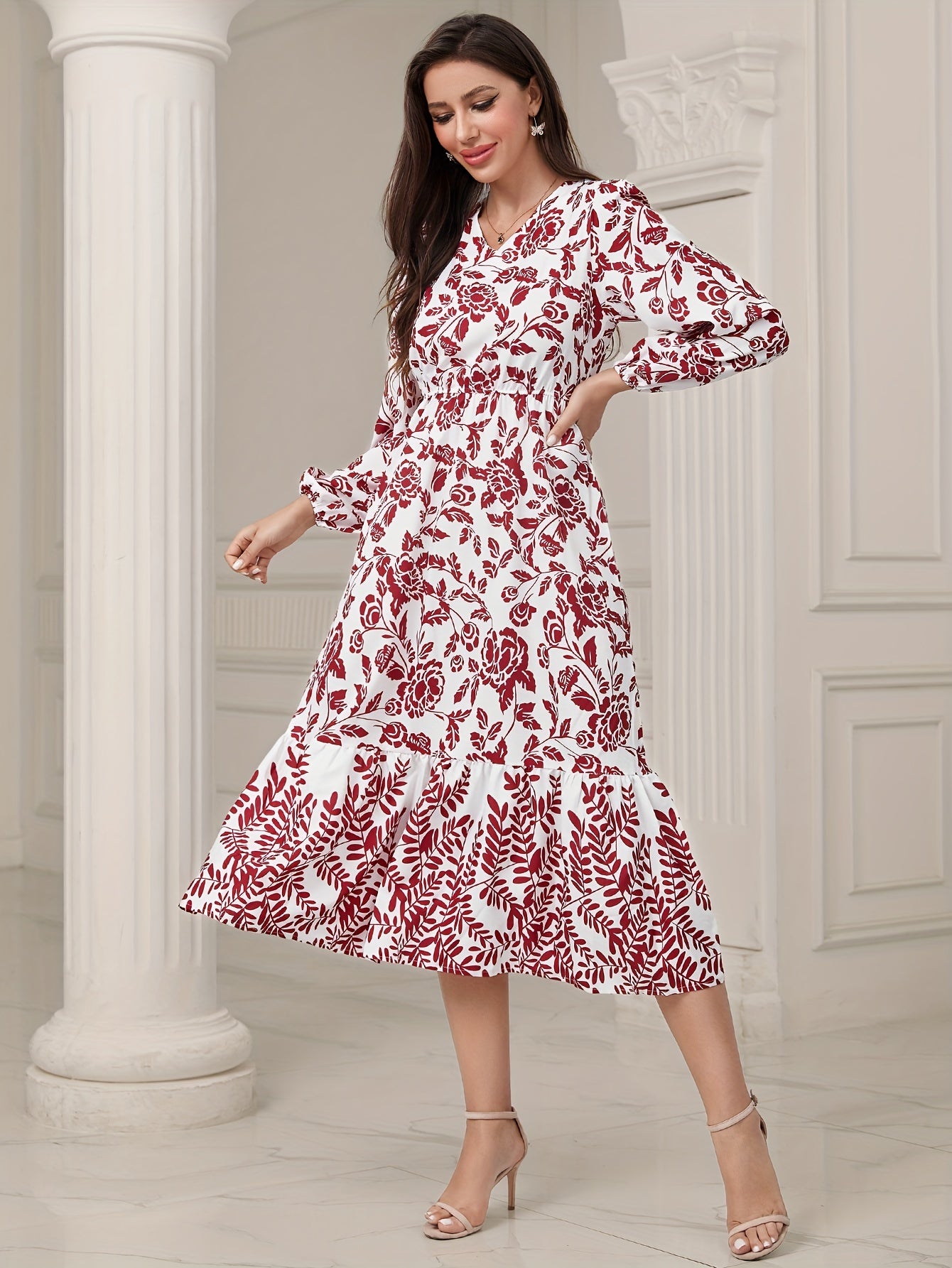 gbolsos Floral & Leaves Print V-neck Dress, Elegant Elastic Waist Long Sleeve Dress For Spring & Fall, Women's Clothing