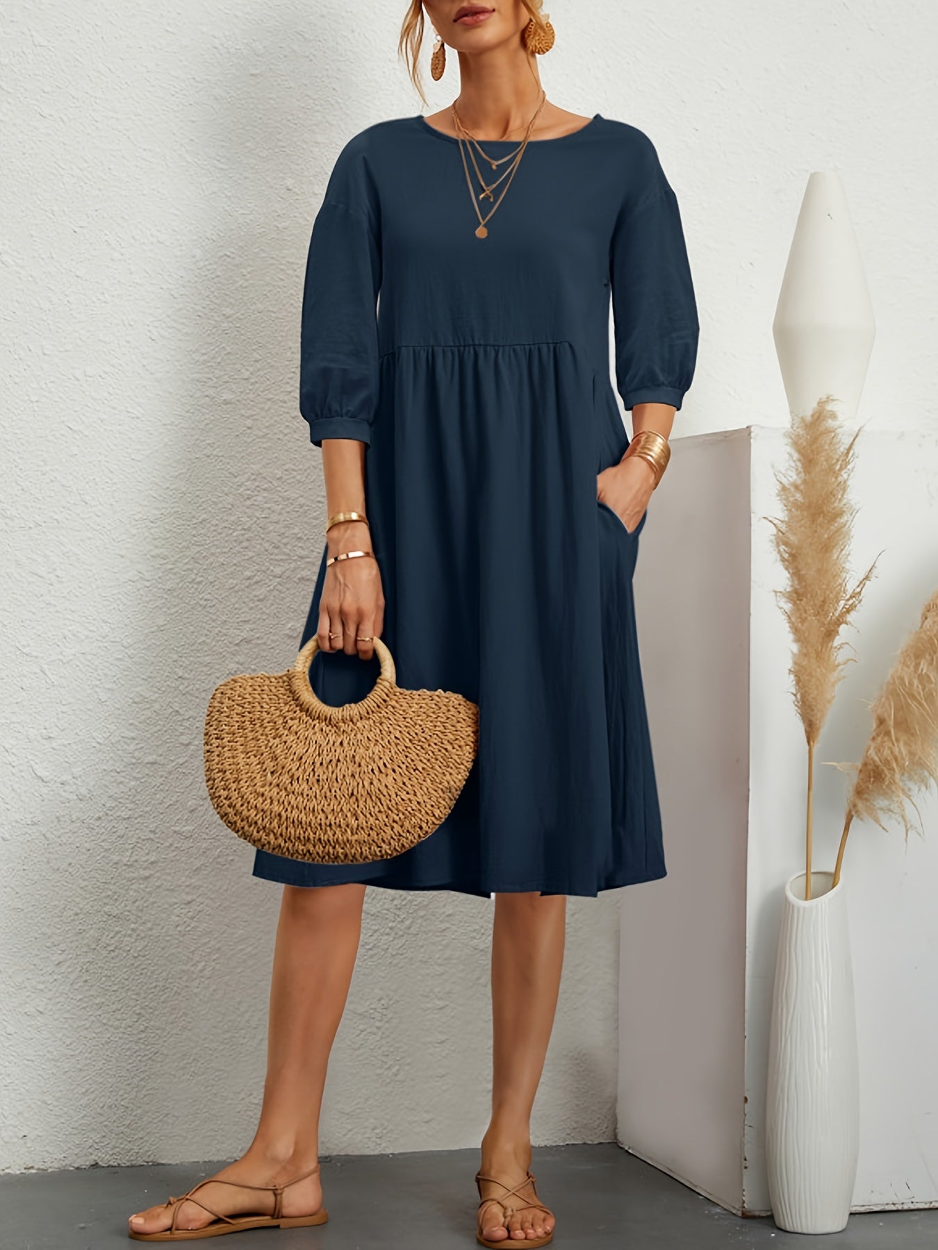Lantern Sleeve Pocket Dress, Casual Crew Neck Half Sleeve Dress, Women's Clothing