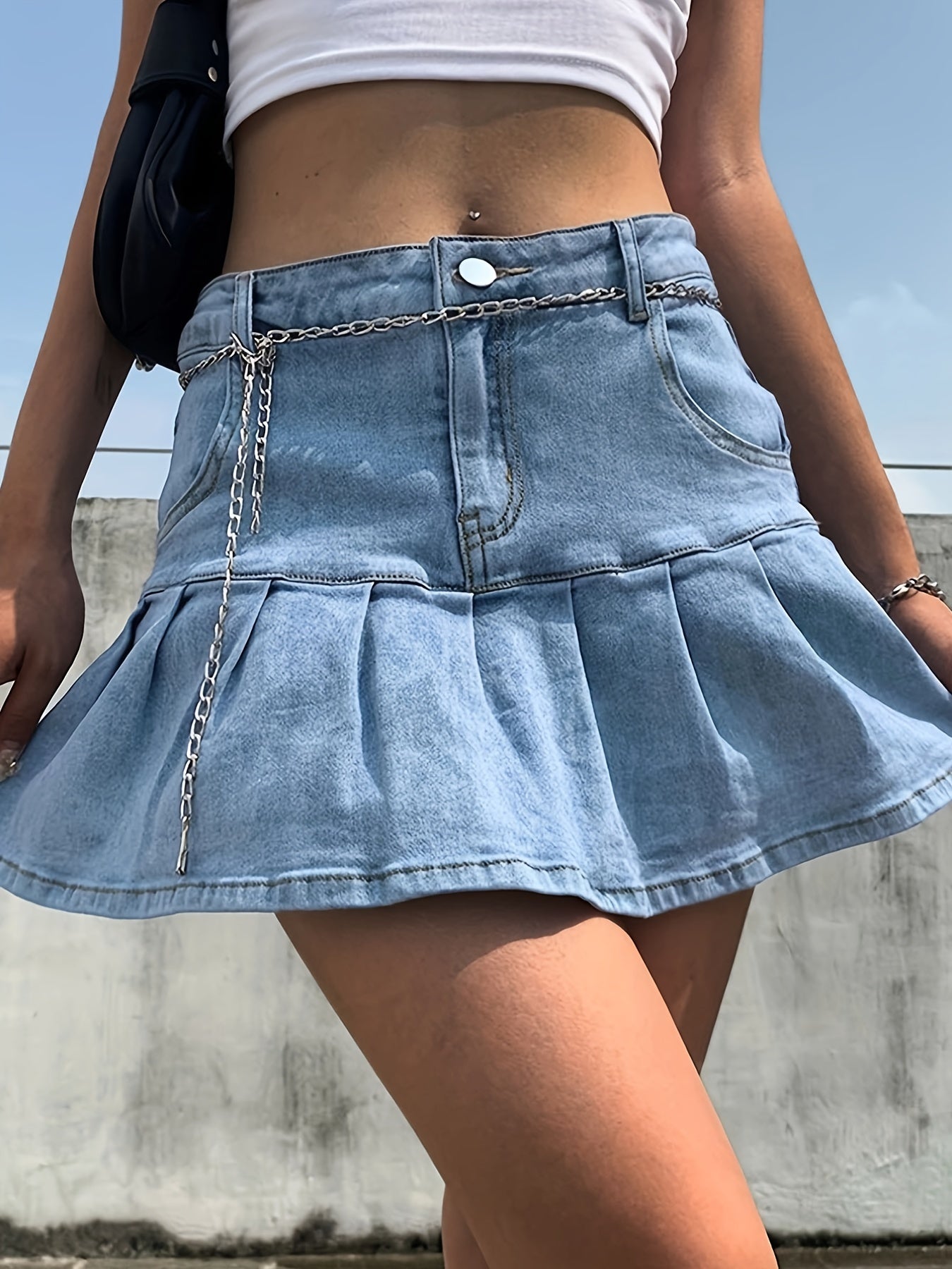 Ruffle Hem Denim Skirt, Slash Pockets High Waist Non-Stretch Denim Skirt, Women's Denim Clothing