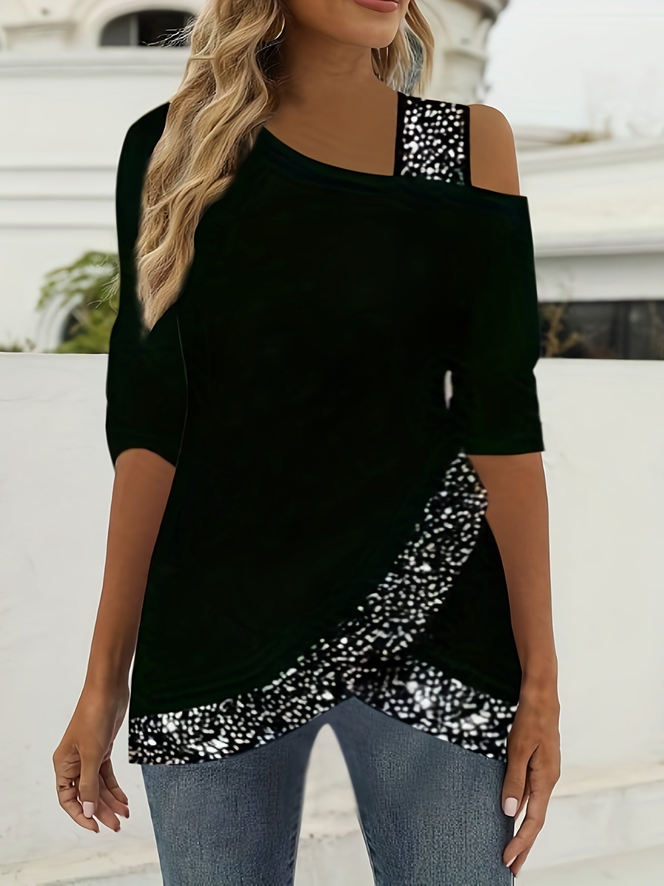 gbolsos Rhinestone Cold Shoulder T-Shirt, Asymmetrical Hem Long Sleeve T-Shirt, Casual Every Day Tops, Women's Clothing