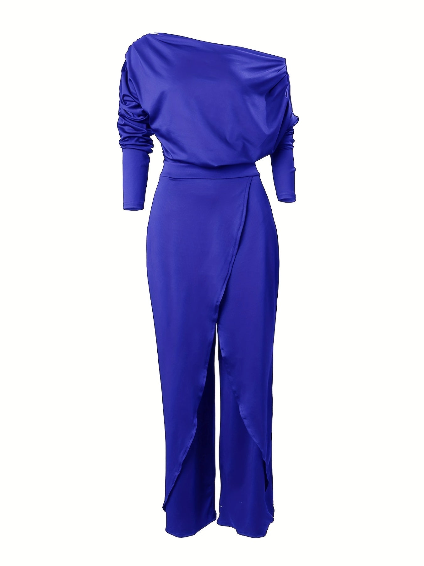 gbolsos Ruched Split Jumpsuit, Casual Solid Long Sleeve Wide Leg Jumpsuit, Women's Clothing