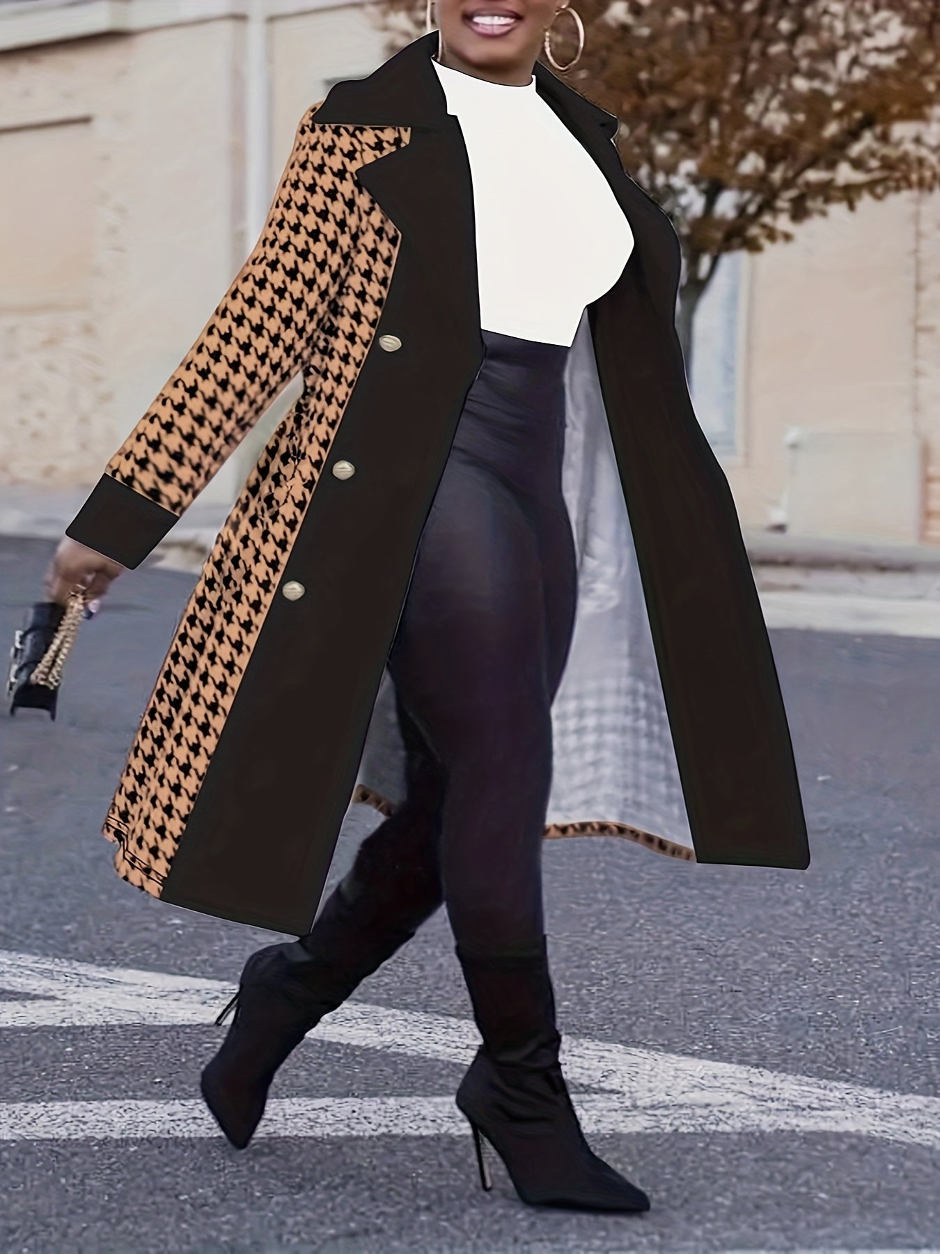 solvbao Plus Size Casual Coat, Women's Plus Colorblock Houndstooth Print Double Button Long Sleeve Lapel Collar Belted Overcoat