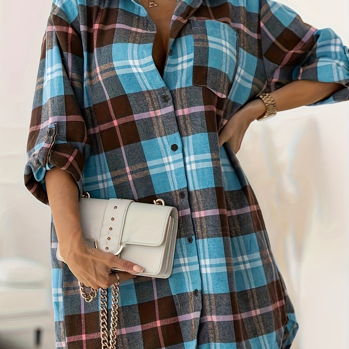 gbolsos Plus Size Casual Fall Oversized Shirt, Women's Plus Plaid Print Button Front Lapel Collar Long Shirt