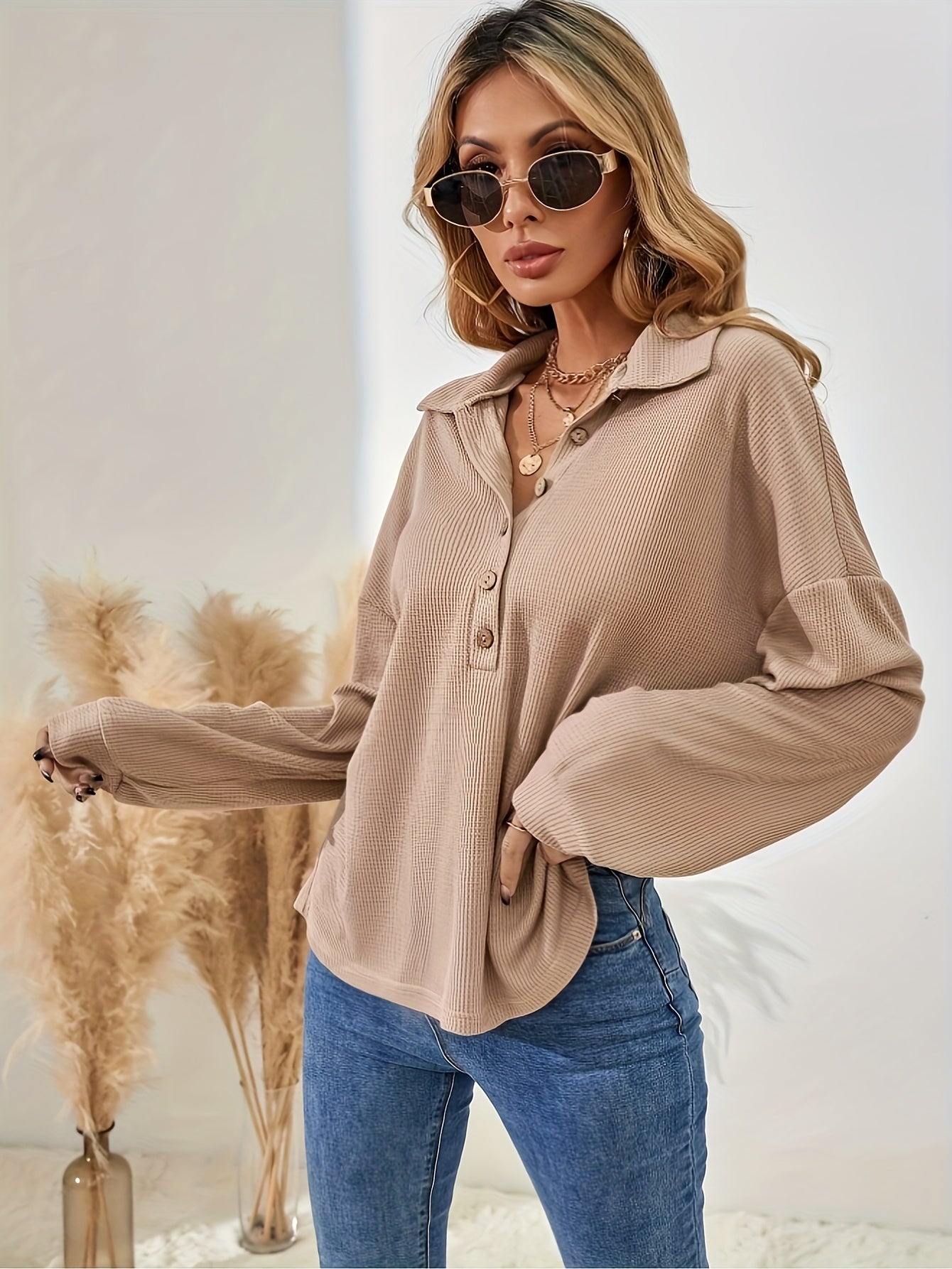 Solid Button Front Polo Collar T-Shirt, Casual Long Sleeve Top For Spring & Fall, Women's Clothing