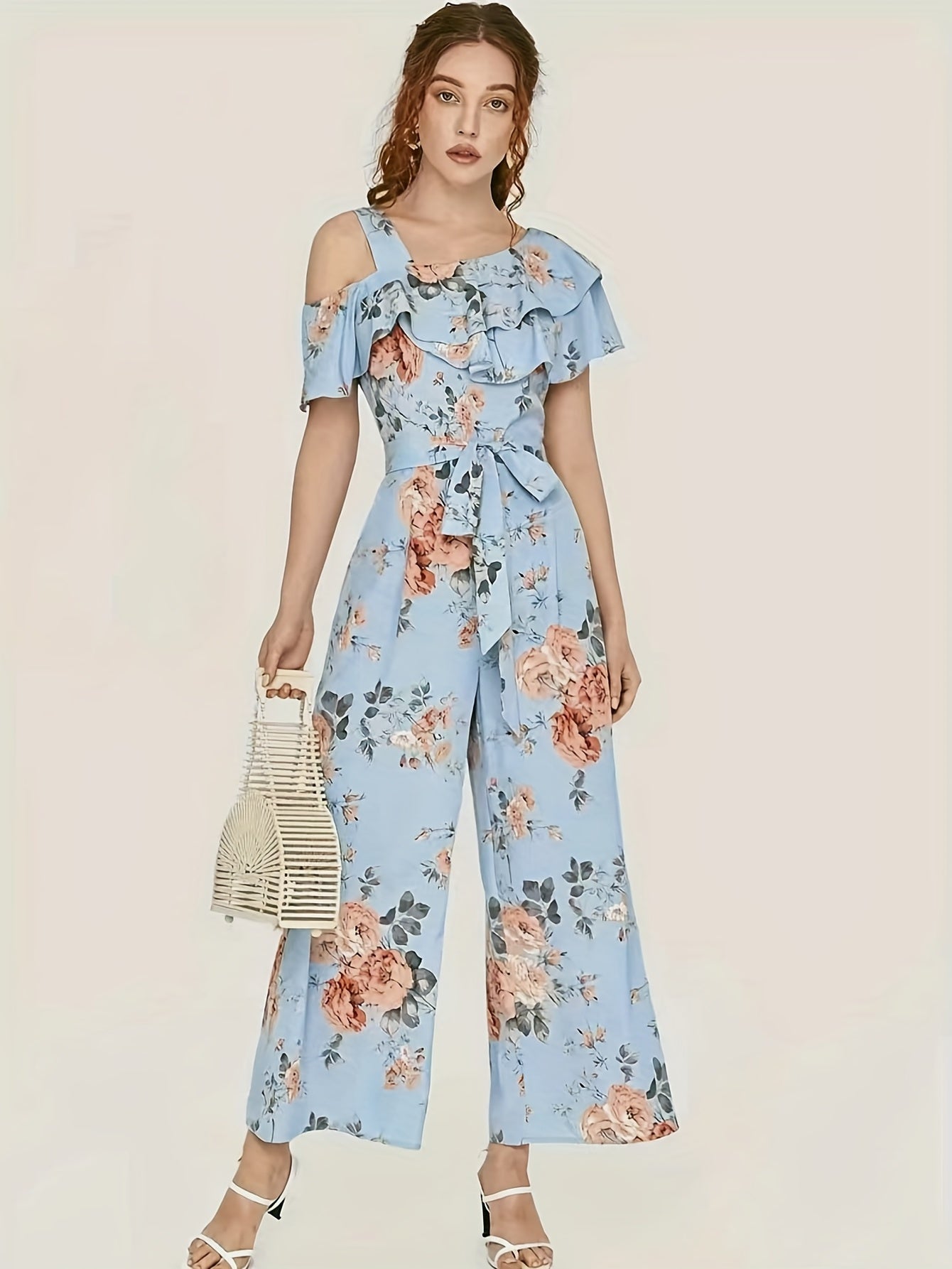 elveswallet Floral Print Wide Leg Jumpsuit, Boho Ruffle Layered Hem Jumpsuit For Spring & Summer, Women's Clothing