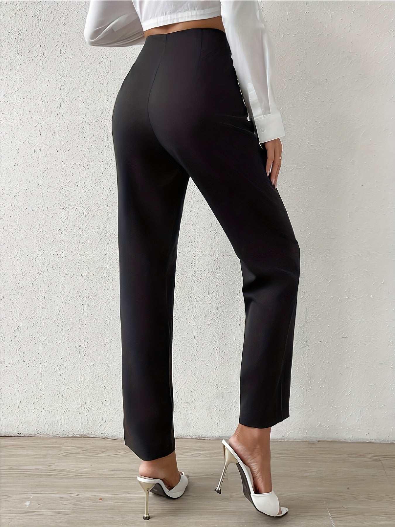 Solid Color Straight Leg Pants, Casual Skinny Ruched High Waist Pants For Spring & Summer, Women's Clothing