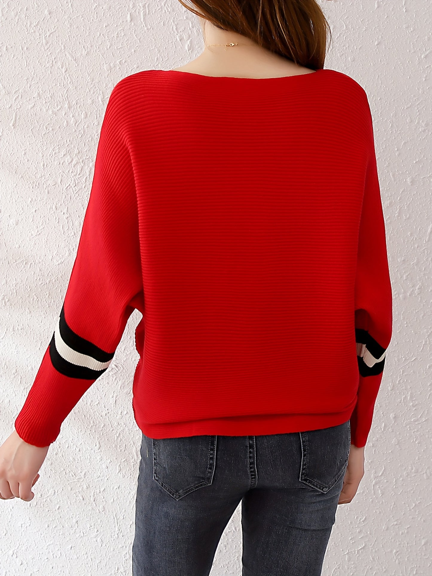 gbolsos Color Block Boat Neck Knit Sweater, Elegant Long Sleeve Sweater, Women's Clothing