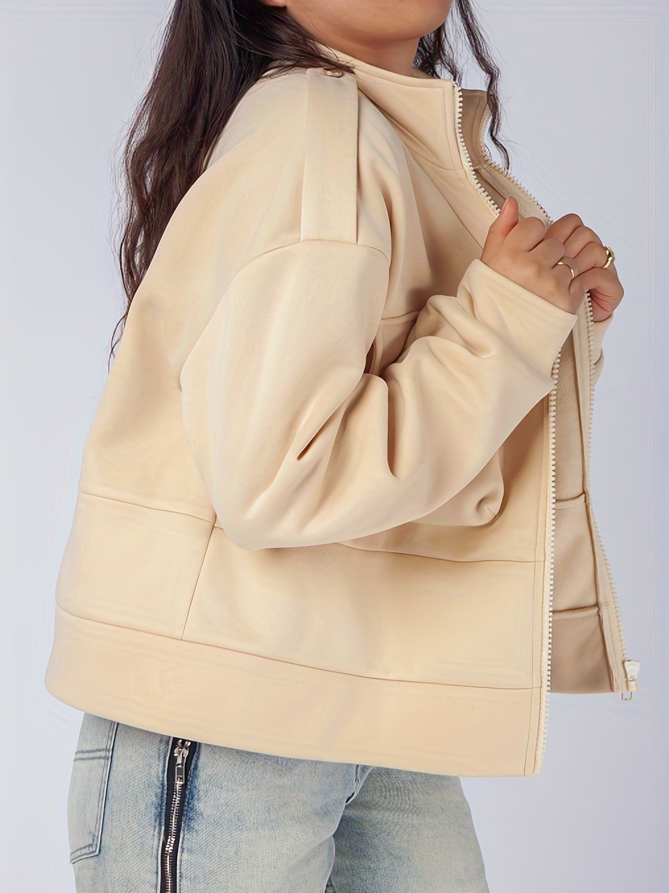Plus Size Casual Jacket, Women's Plus Solid Zipper Long Sleeve Mock Neck Slight Stretch Jacket