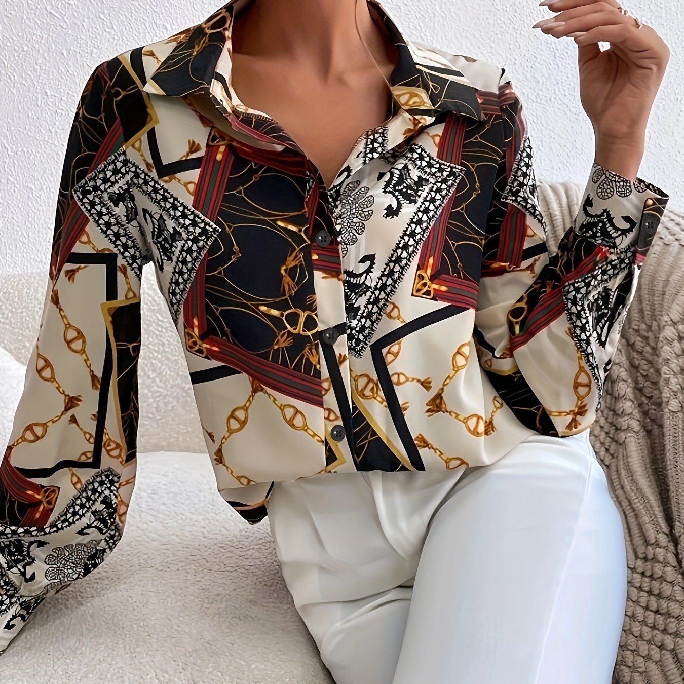 gbolsos Chain Print V-neck Loose Lapel Blouses, Casual Button Down Long Sleeve Fashion Shirts Tops, Women's Clothing
