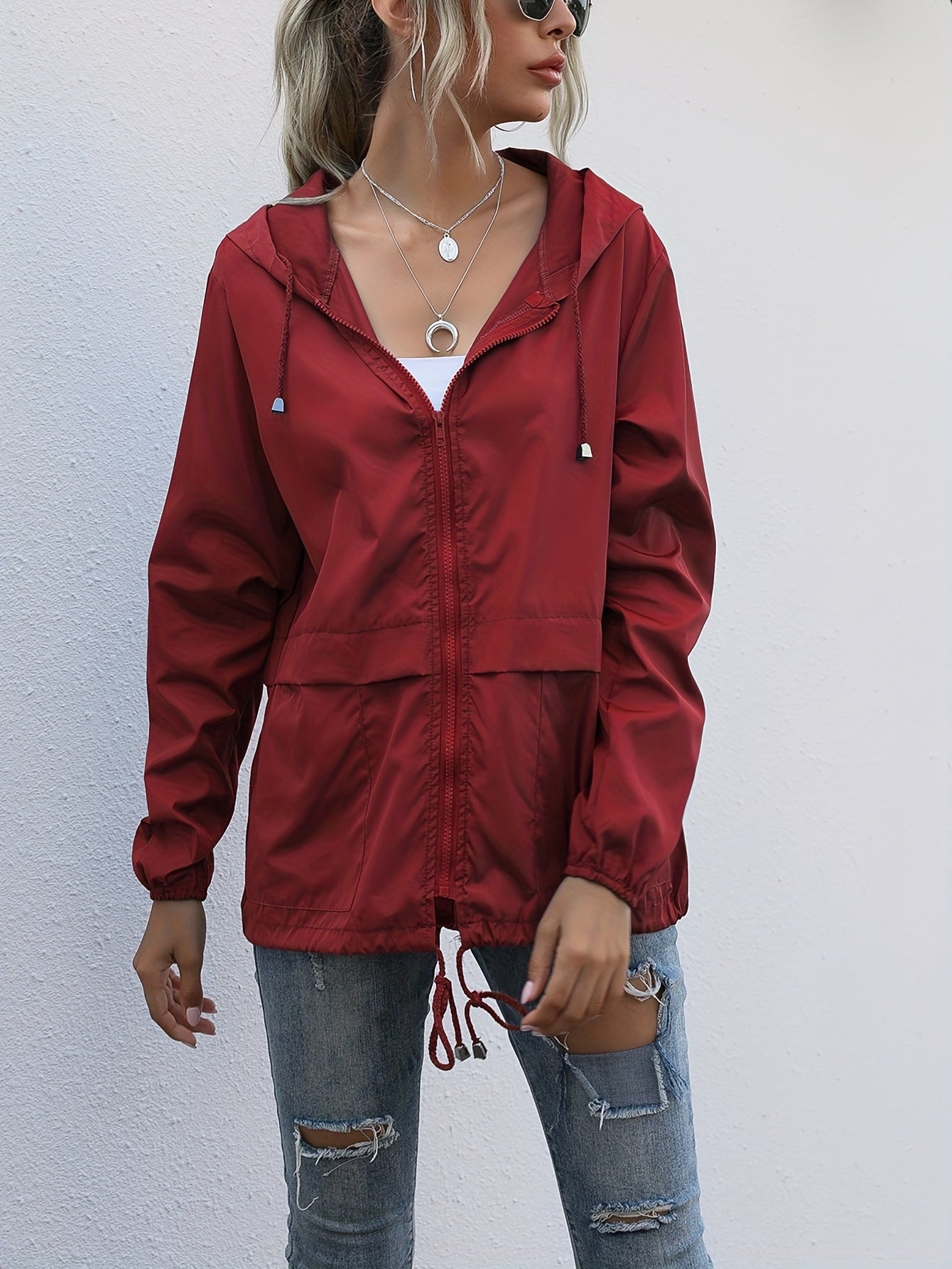 gbolsos Drawstring Solid Hooded Jacket, Casual Long Sleeve Versatile Outerwear, Women's Clothing