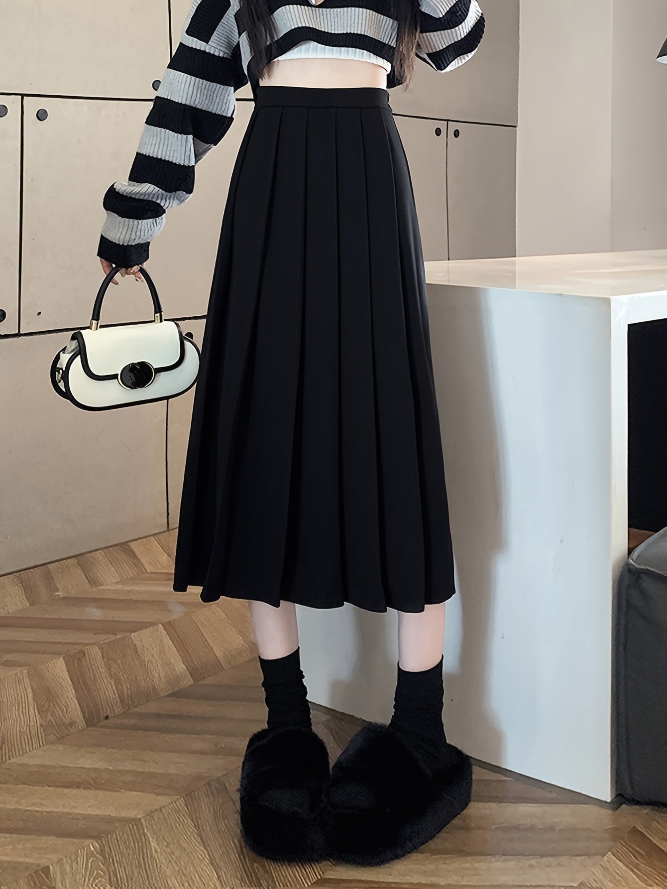 gbolsos Solid High Waist Pleated Skirt, Casual Draped A Line Midi Skirt, Women's Clothing