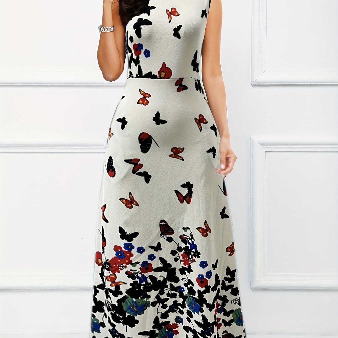 gbolsos Floral Print A-line Long Dress, Elegant Crew Neck Sleeveless Waist Summer Swing Dresses, Women's Clothing