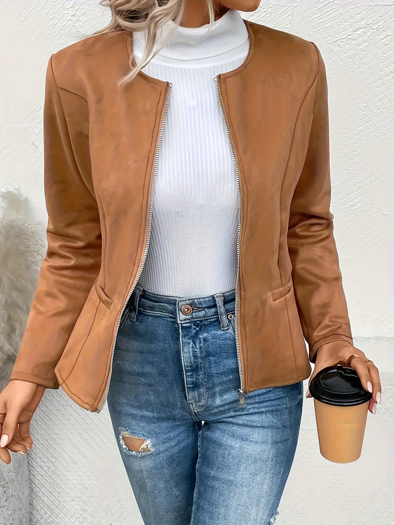 Plus Size Casual Coat, Women's Plus Solid Zip Up Long Sleeve Round Neck Jacket With Pockets