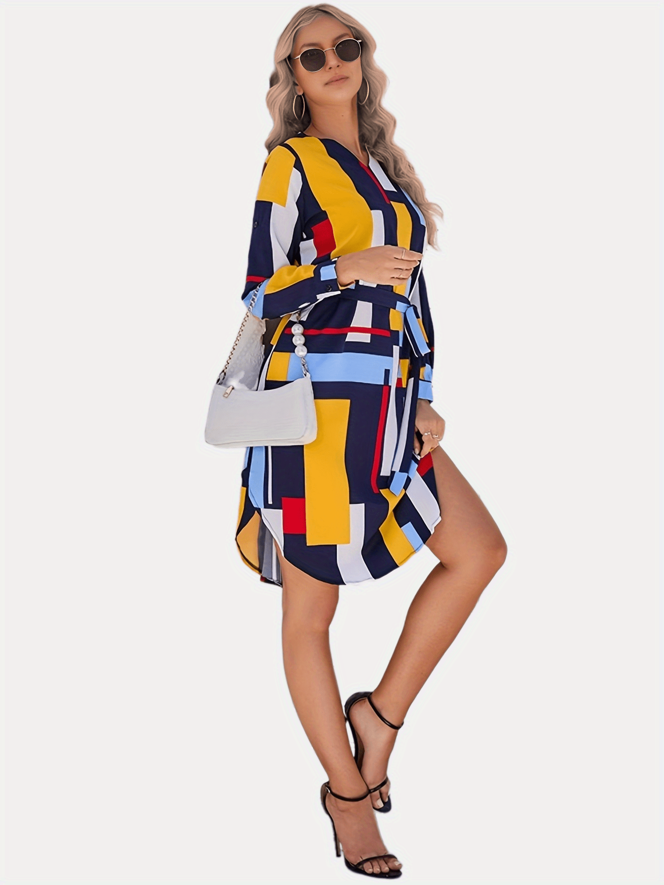 Color Block Belt V Neck Dress, Casual Long Sleeve Dress For Spring & Fall, Women's Clothing