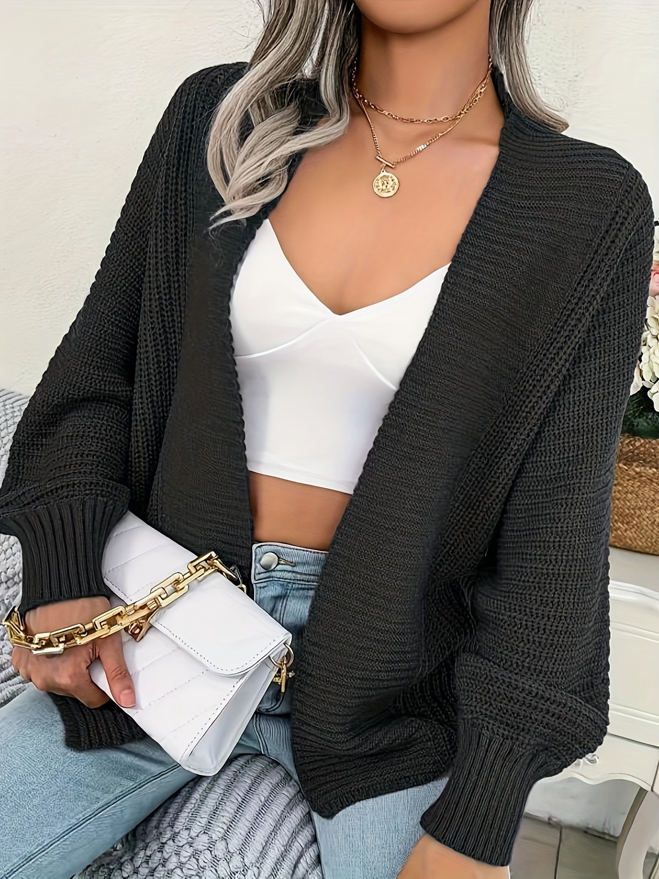 2025 gbolsos Solid Open Front Knit Cardigan, Casual Batwing Sleeve Loose Sweater, Women's Clothing