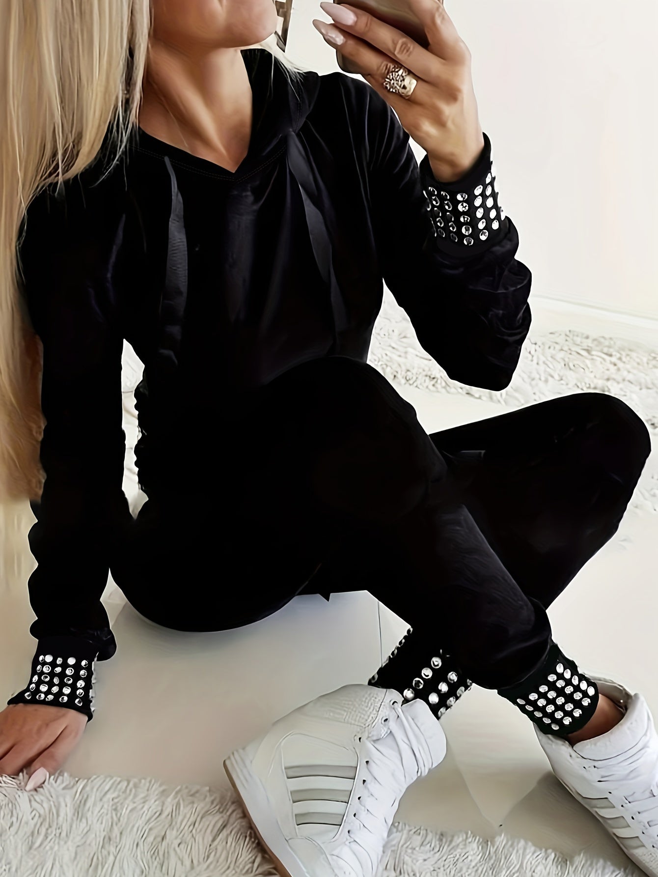 gbolsos Casual Two-piece Set, Drawstring Long Sleeve Hoodie & Pants Outfits, Women's Clothing
