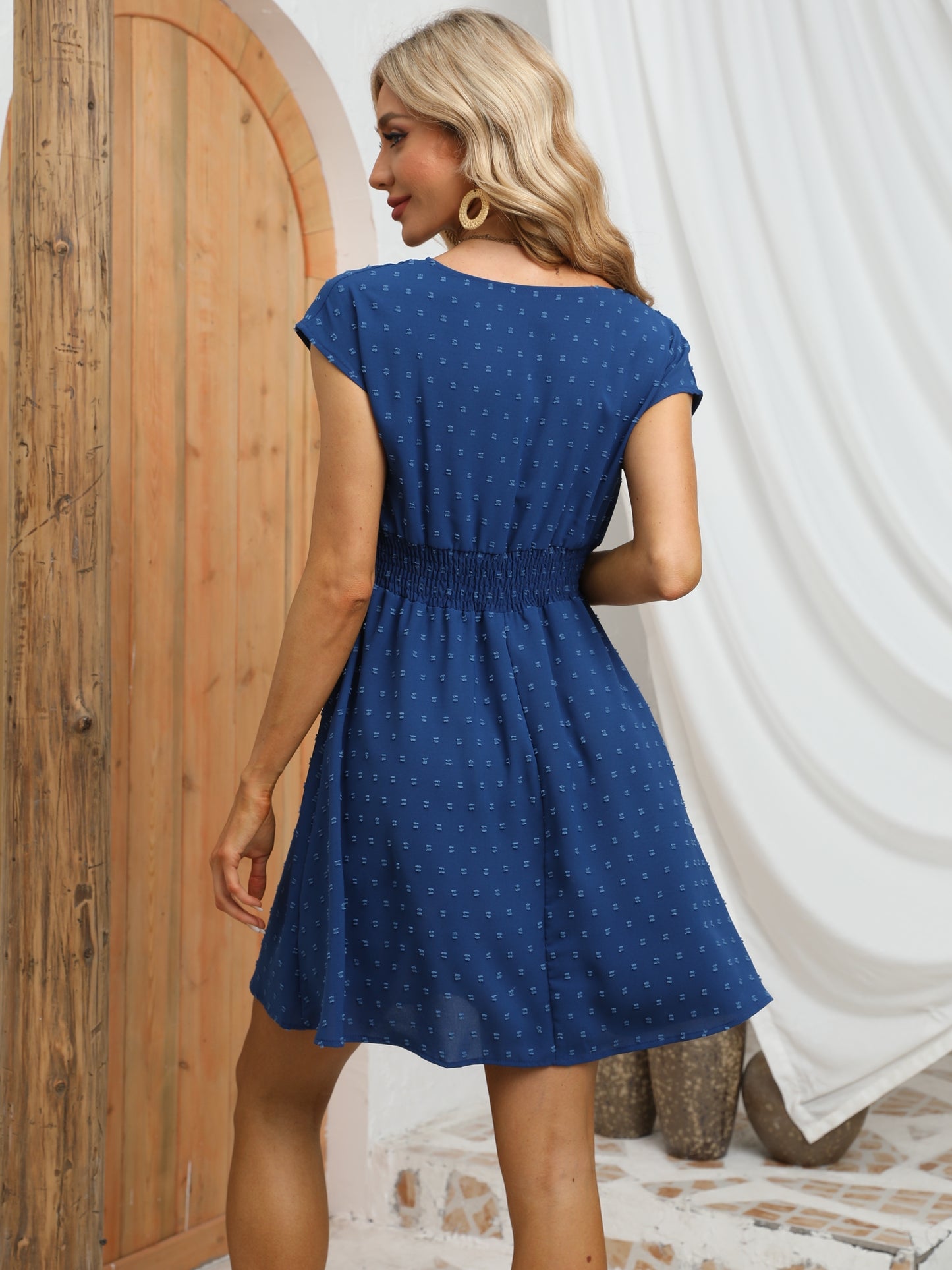 gbolsos Swiss Dot Shirred Waist Dress, Elegant V Neck Cap Sleeve Dress, Women's Clothing