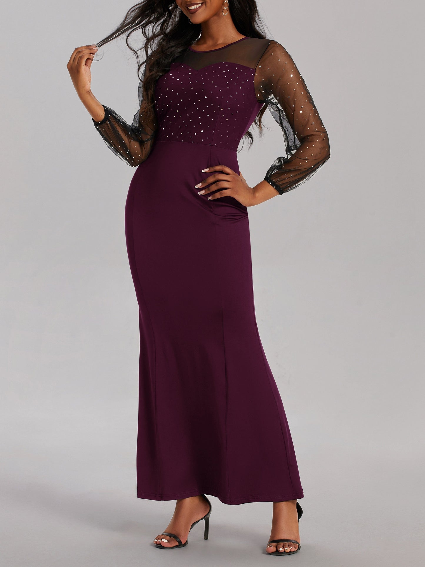 gbolsos Solid Sheer Sleeve Dress, Elegant Crew Neck Mermaid Bodycon Maxi Party Dress, Women's Clothing