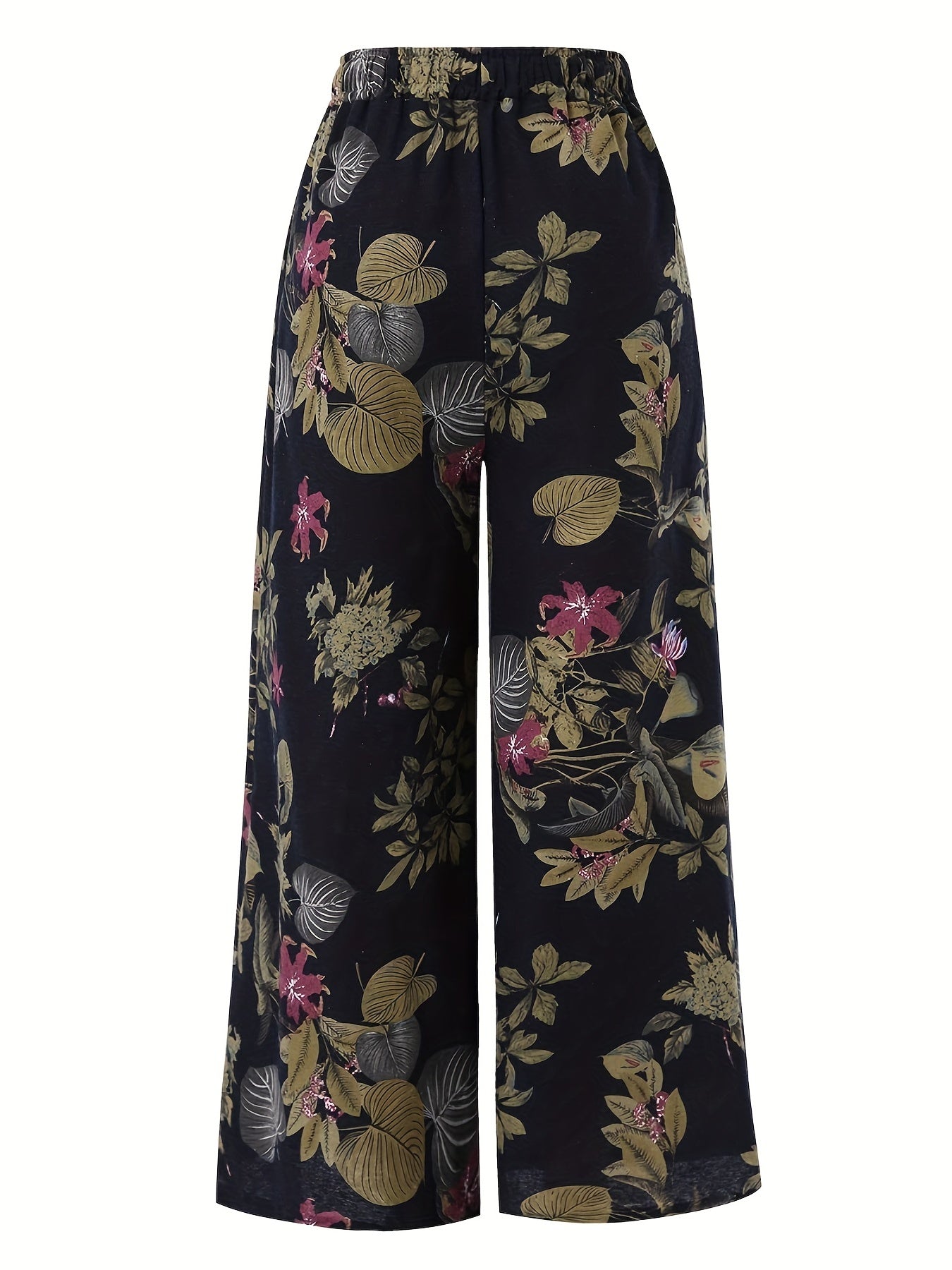 Plus Size Casual Pants, Women's Plus Floral Print Wide Leg Loose Drawstring Pants With Pockets