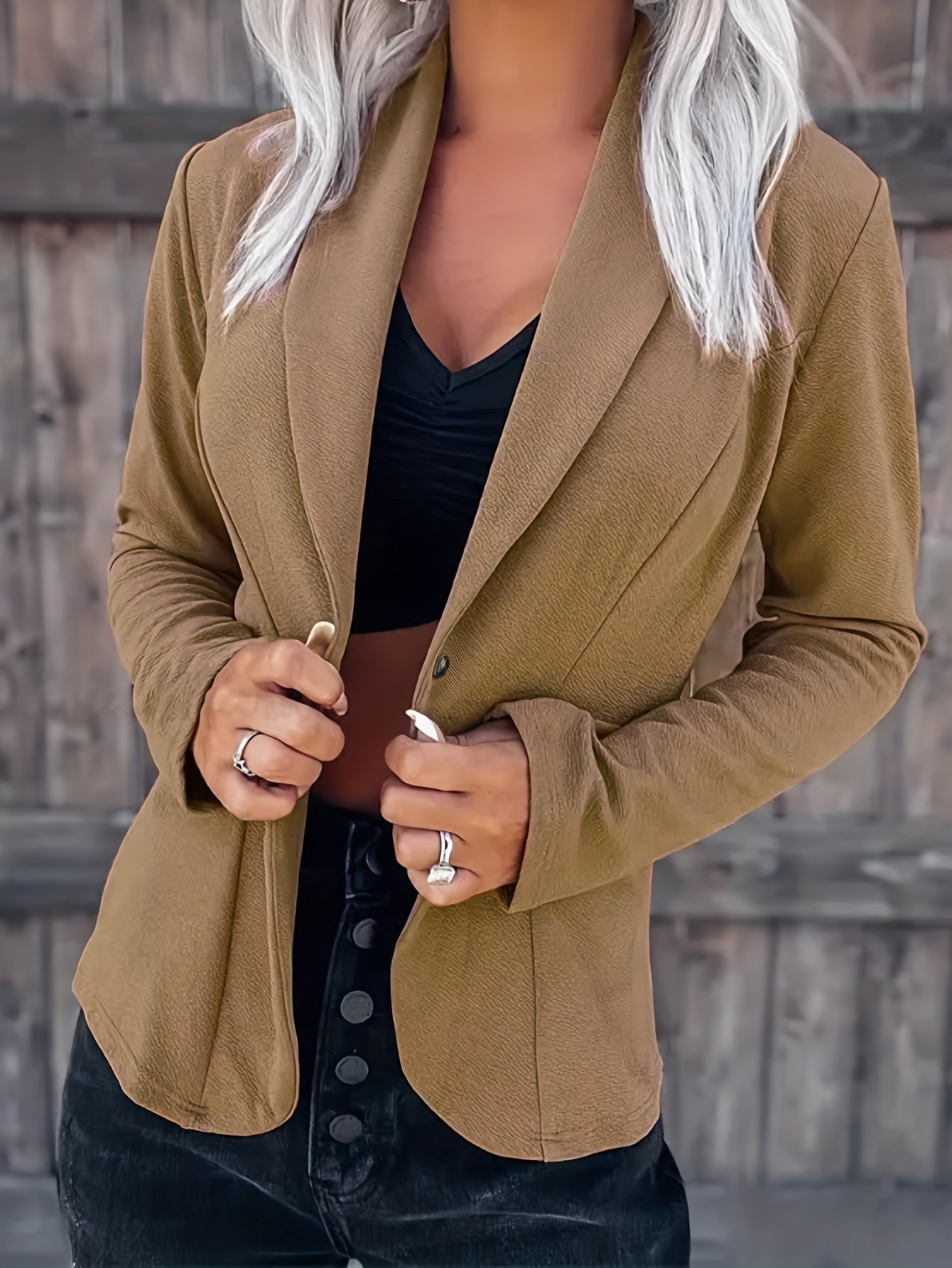 gbolsos Shawl Collar Solid Blazer, Casual Long Sleeve Open Front Outerwear, Women's Clothing