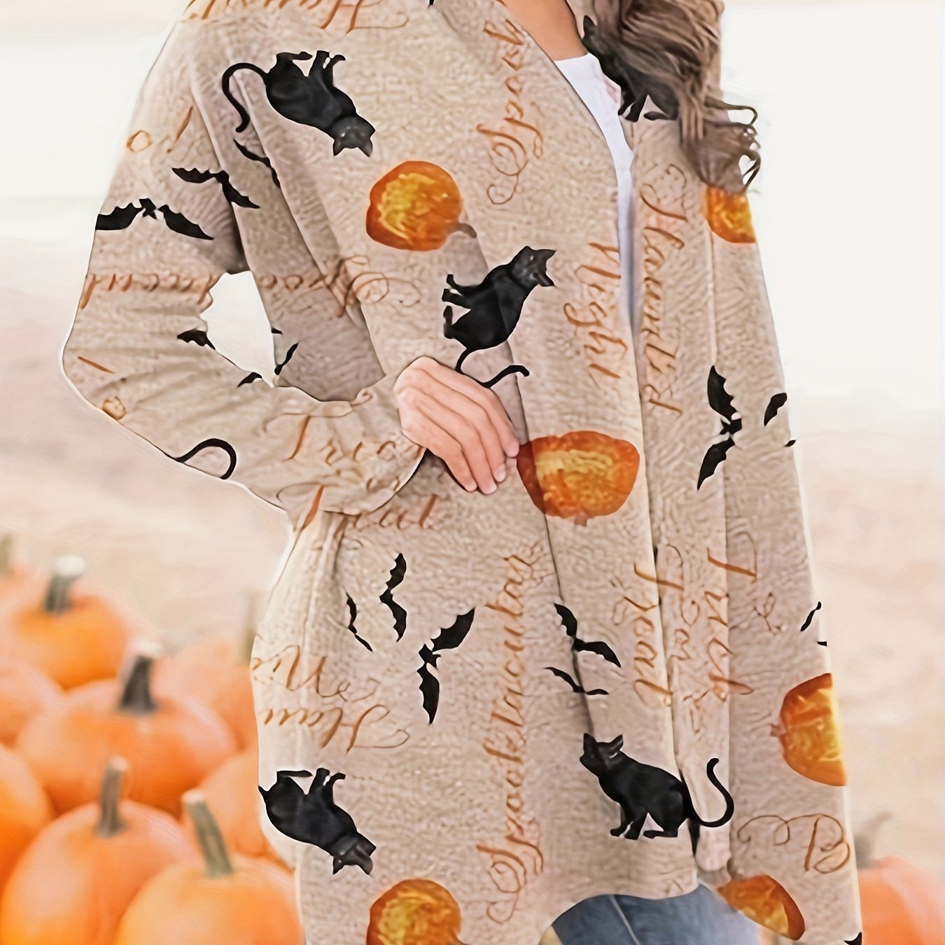 gbolsos Halloween Allover Print Cardigan, Open Front Long Sleeve Cardigan For Spring & Fall, Women's Clothing