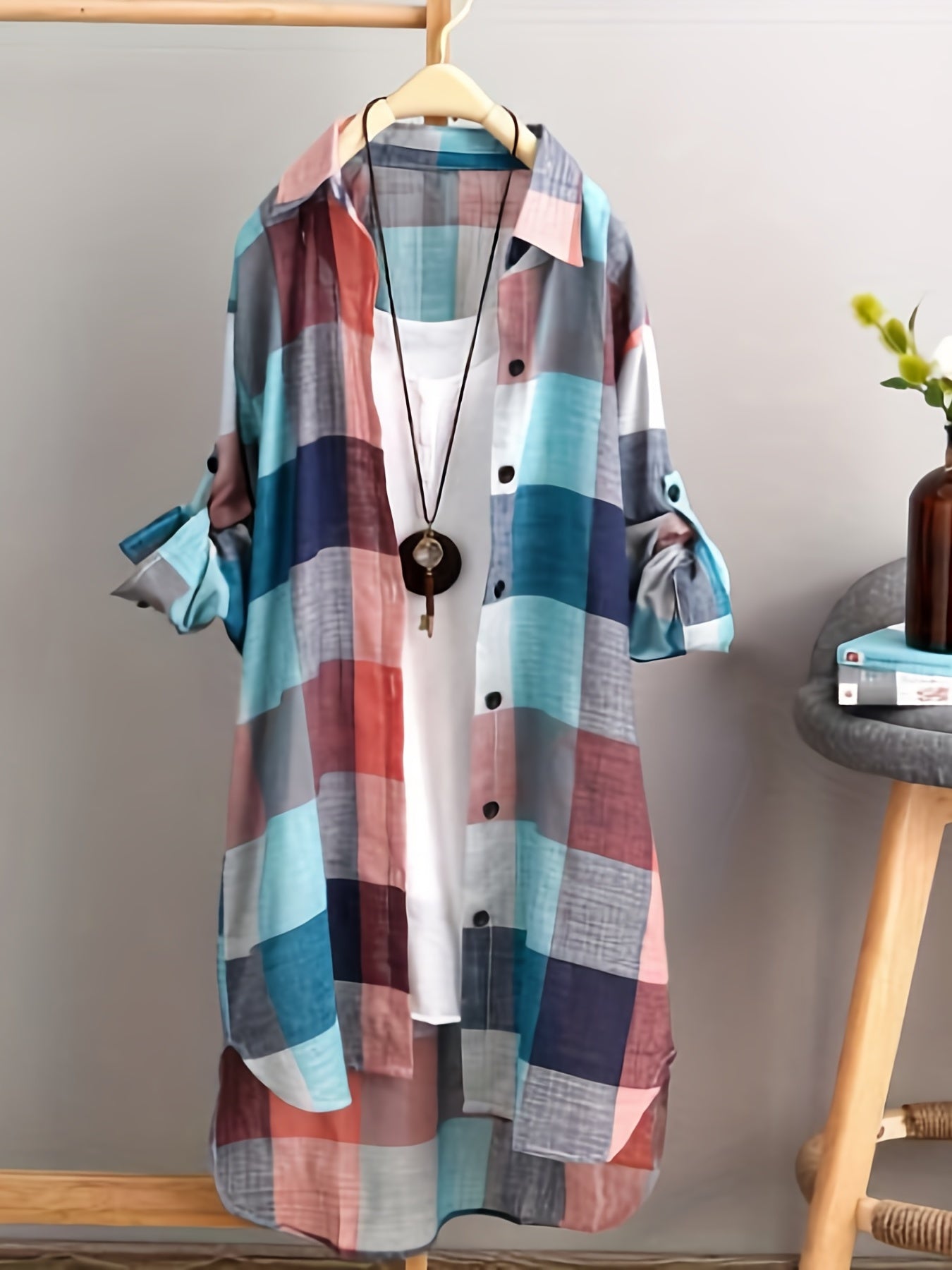 Plaid Print Dipped Hem Shirt, Casual Mid Length Button Front Turn Down Collar Long Sleeve Shirt, Women's Clothing