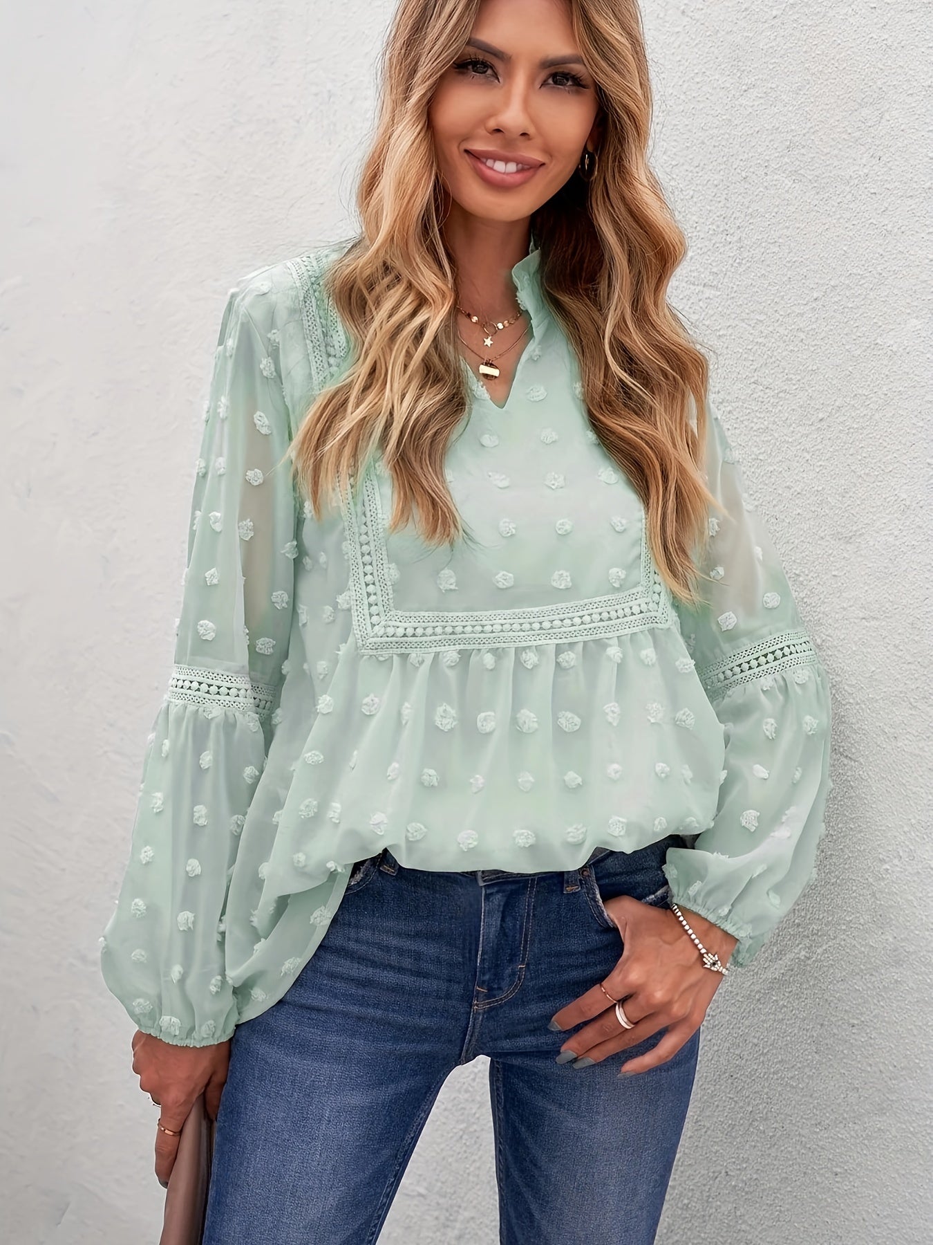 gbolsos Swiss Dot Contrast Lace Blouse, Elegant V Neck Lantern Sleeve Blouse, Women's Clothing