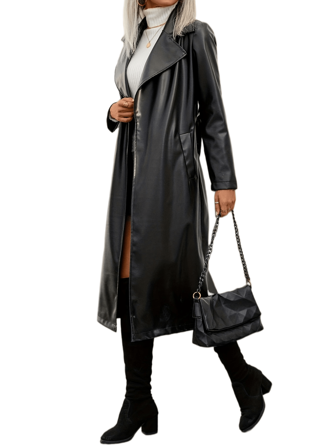 gbolsos Open Front Faux Leather Overcoat, Vintage Belted Open Front Lapel Solid Outwear, Women's Clothing