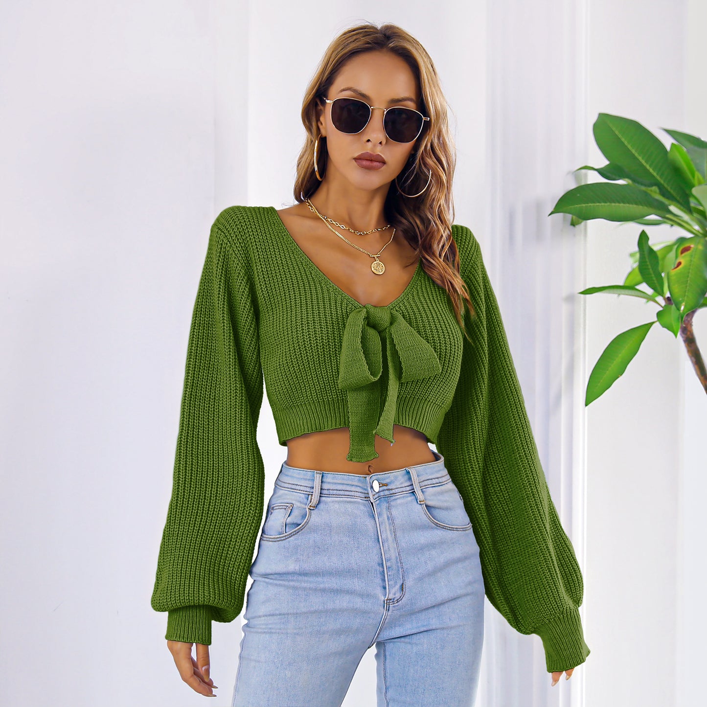 gbolsos Sexy Bowknot V Neck Crop Sweater, Casual Lantern Long Sleeve Loose Fall Winter Knit Sweater, Women's Clothing