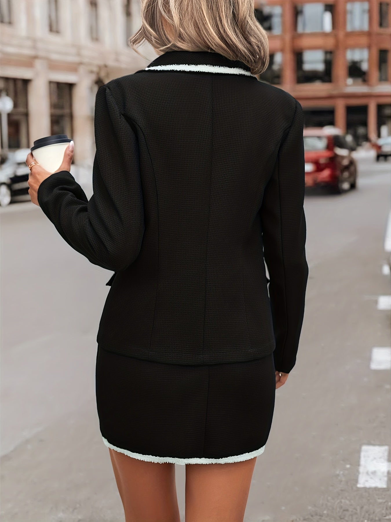 Fuzzy Trim Elegant Two-piece Set, Lapel Double Breasted Blazer & Bag Hip Skirts Outfits, Women's Clothing