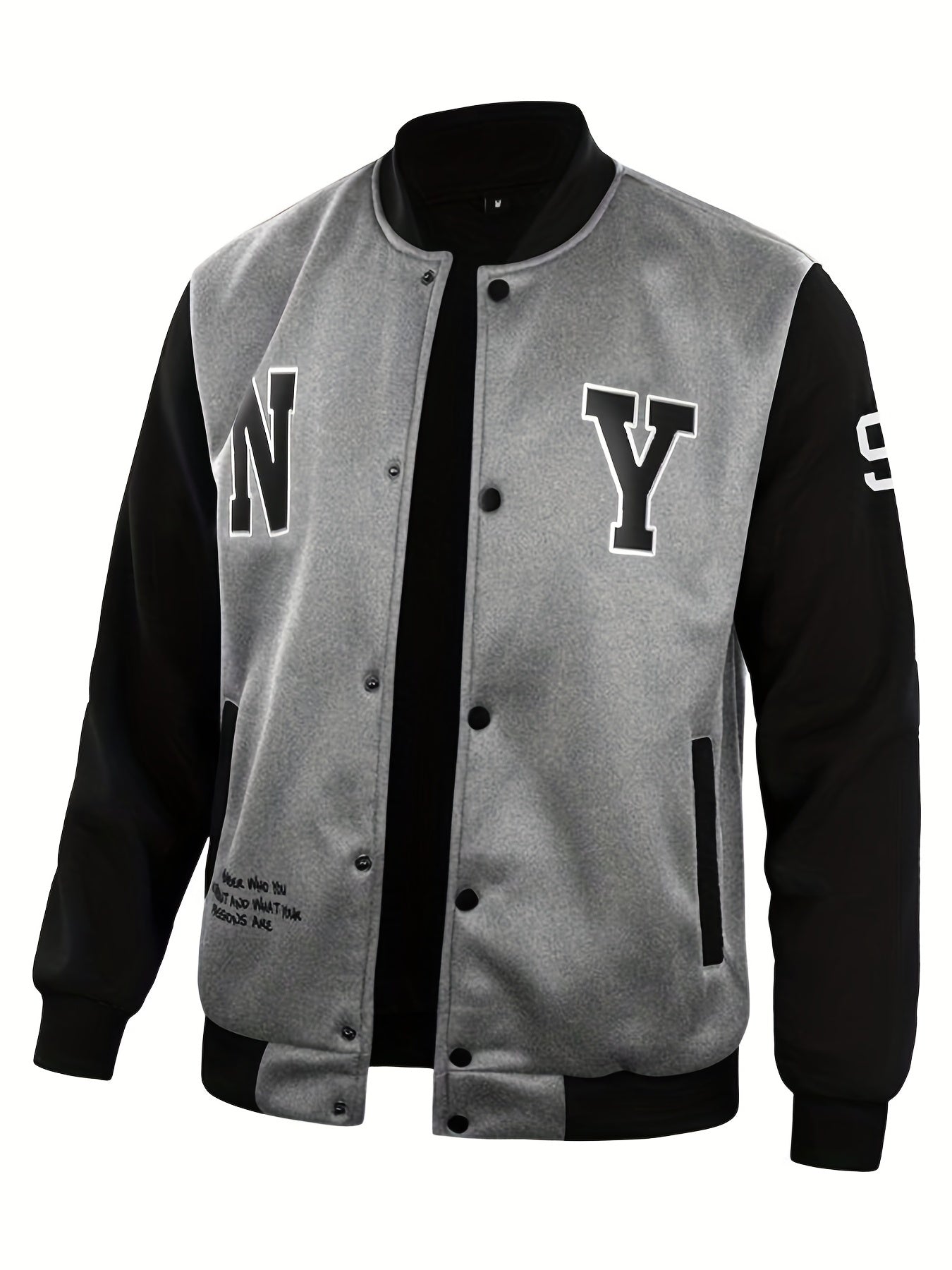 gbolsos NY Print Varsity Jacket, Men's Casual Slightly Stretchy Baseball Jacket Contrast Colors Stitching Coat Regular Fit College Hipster Windbreaker For Spring Autumn