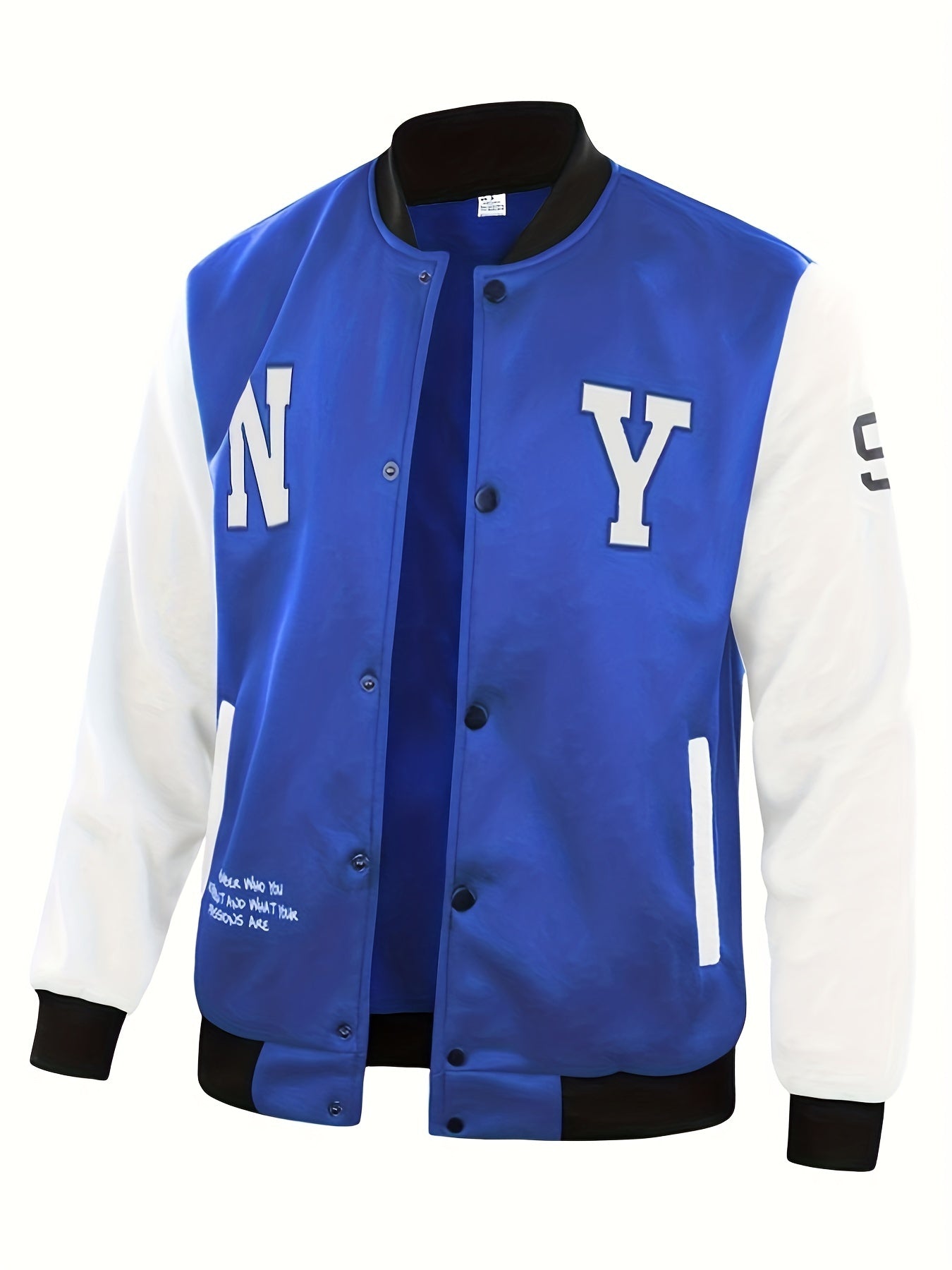 gbolsos NY Print Varsity Jacket, Men's Casual Slightly Stretchy Baseball Jacket Contrast Colors Stitching Coat Regular Fit College Hipster Windbreaker For Spring Autumn