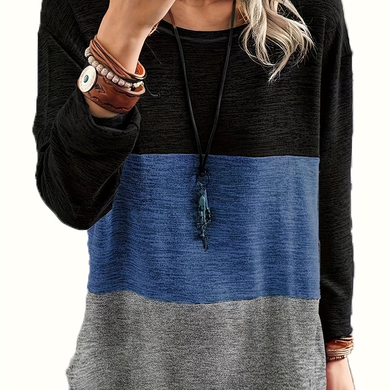 Plus Size Casual Top, Women's Plus Colorblock Long Sleeve Round Neck Medium Stretch Top