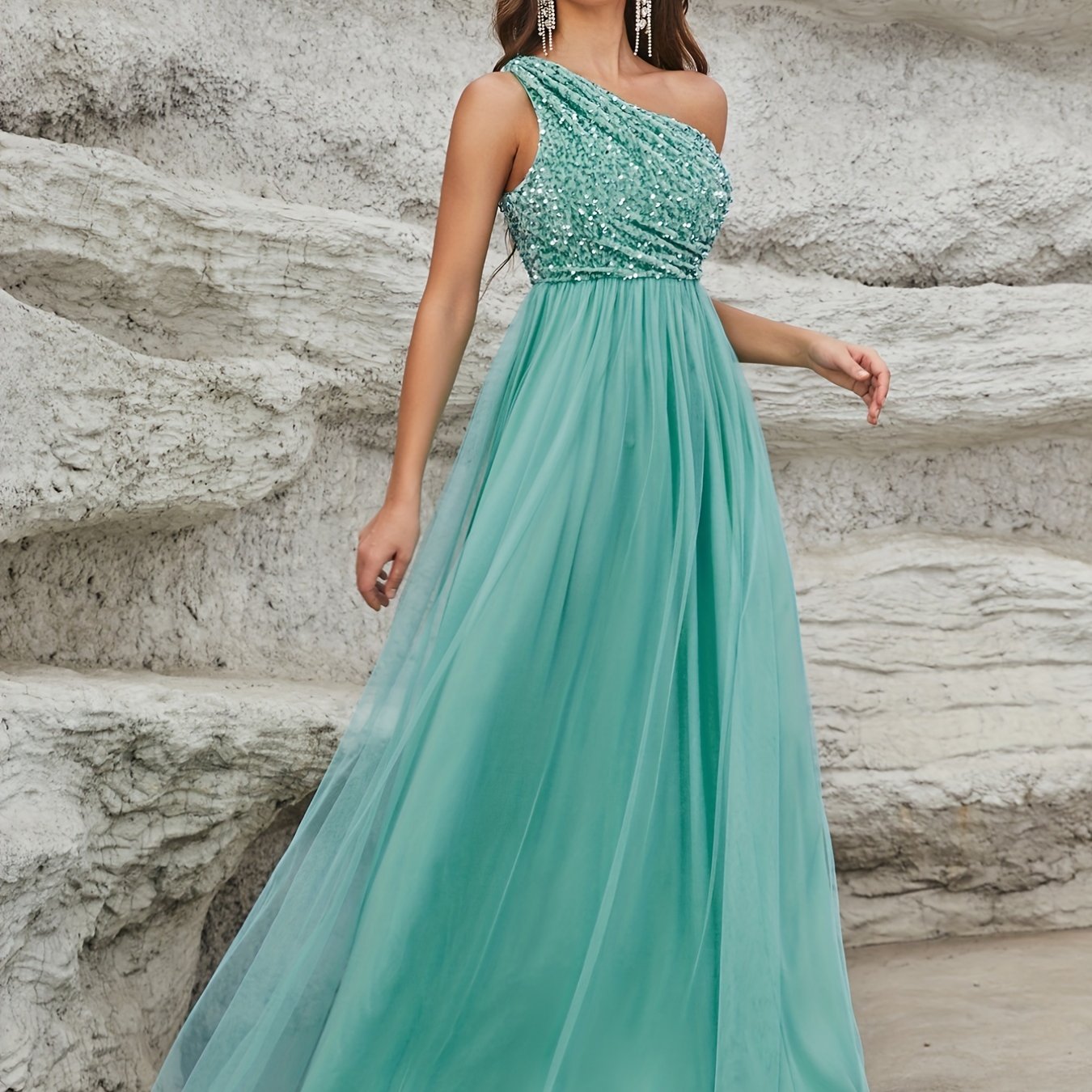 One Shoulder Sequin Dress, Elegant Sleeveless Dress For Party & Banquet, Women's Clothing