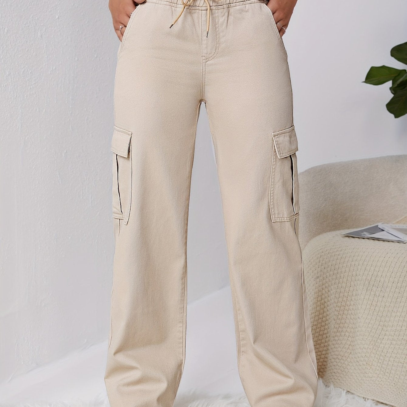 gbolsos Solid Color Drawstring Cargo Jeans, Elastic Waist Loose Wide Leg Denim Pants With Multi-pocket, Women's Denim Jeans & Clothing