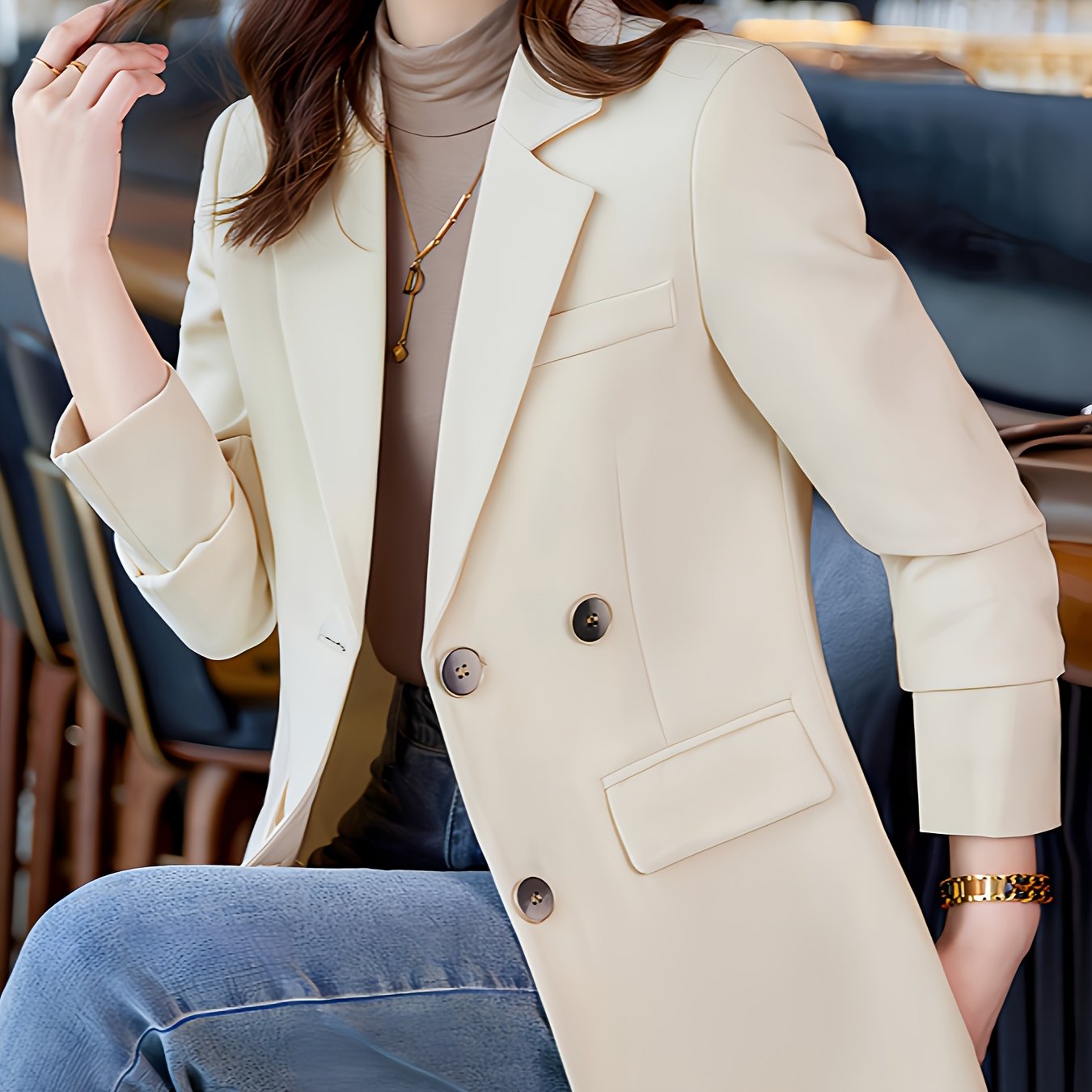 gbolsos Solid Color Open Front Blazer, Elegant Lapel Neck Double Breasted Long Sleeve Split Blazer For Every Day, Women's Clothing