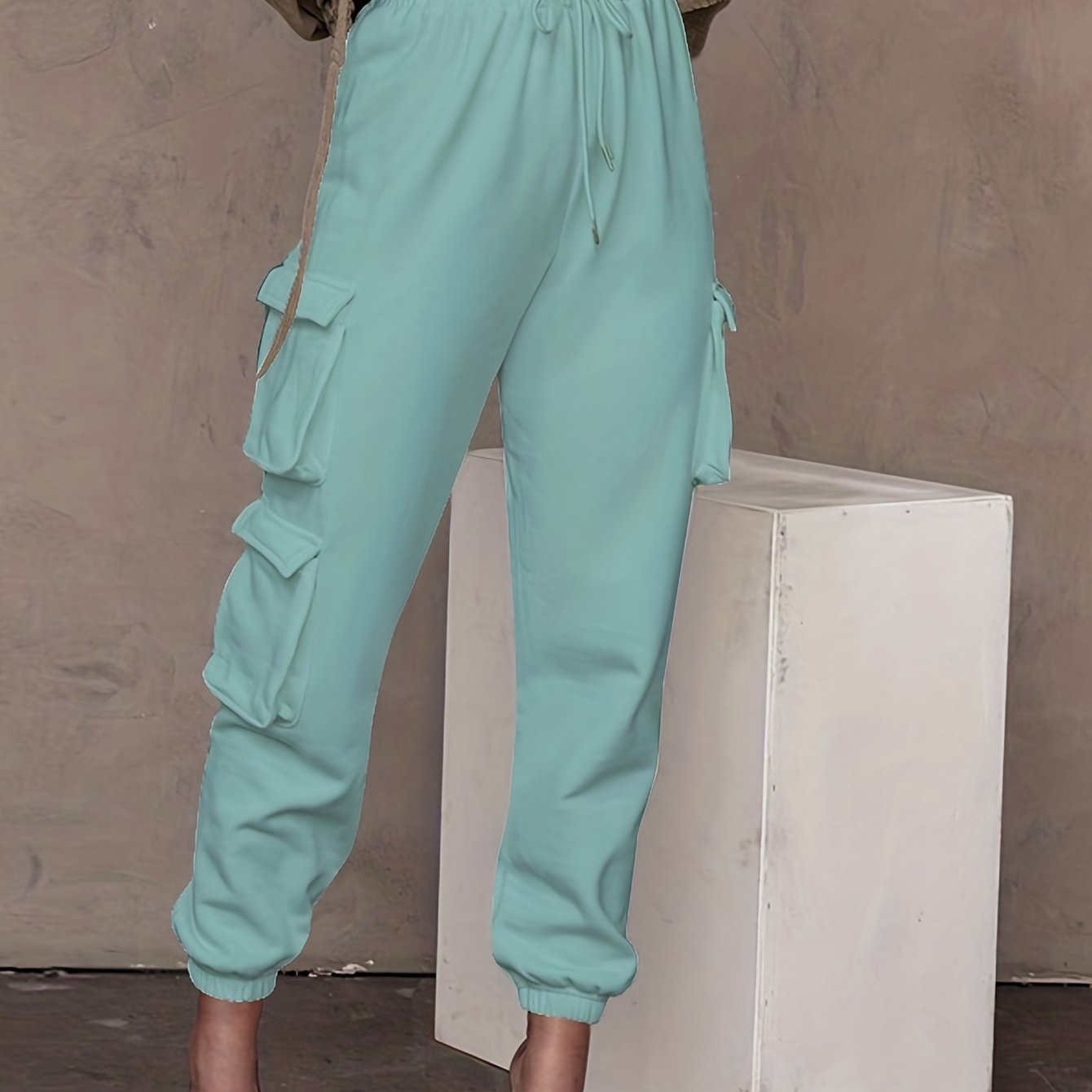 gbolsos Drawstring Baggy Cargo Pants, Casual High Waist Flap Pockets Pants, Women's Clothing